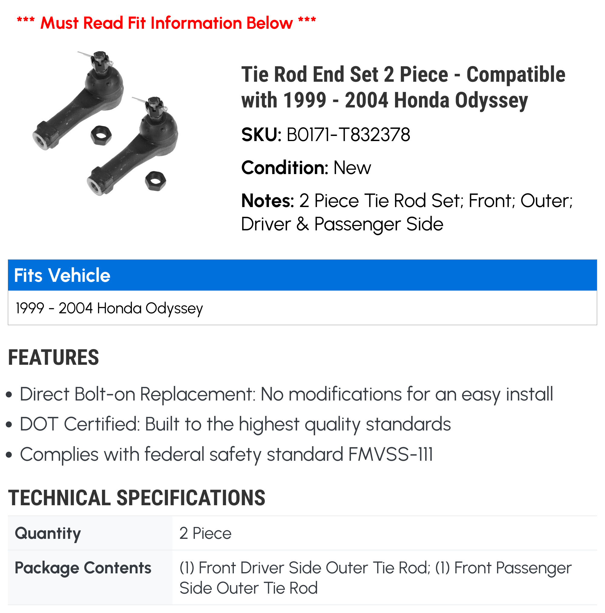 Tie Rod End Set 2 Piece - Compatible with 1999 - 2004 Honda Odyssey 2000 2001 2002 2003