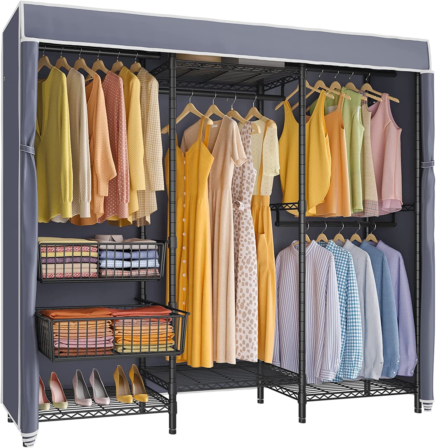 VIPEK V10C Medium Heavy Duty Black Covered Clothes Rack Portable Wardrobe with Grey Oxford Fabric Cover, 70.1