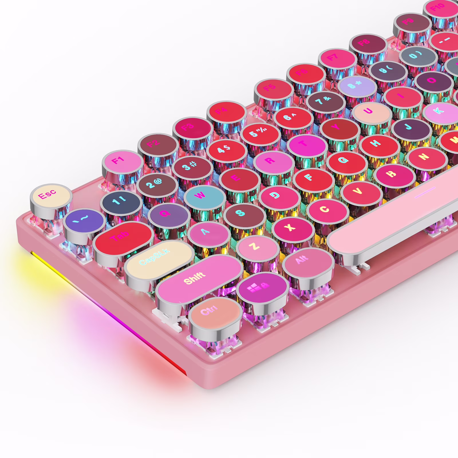 HUO JI Typewriter Mechanical Gaming Keyboard with RGB Side Lit and Rainbow Backlit, Retro Style, Red Switches, Lipstick 104 Keys for Mac, PC, Cute Pink
