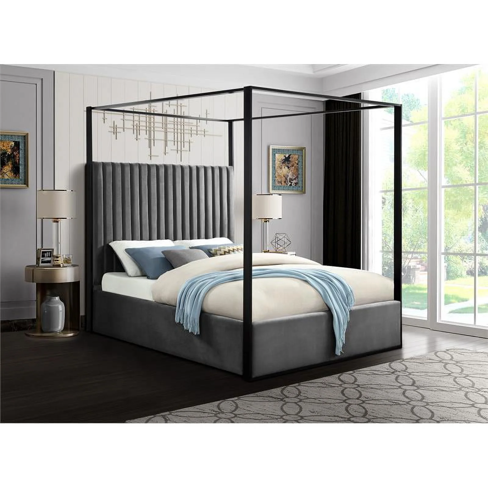 Meridian Furniture Jax Solid Wood and Velvet Queen Bed in Gray