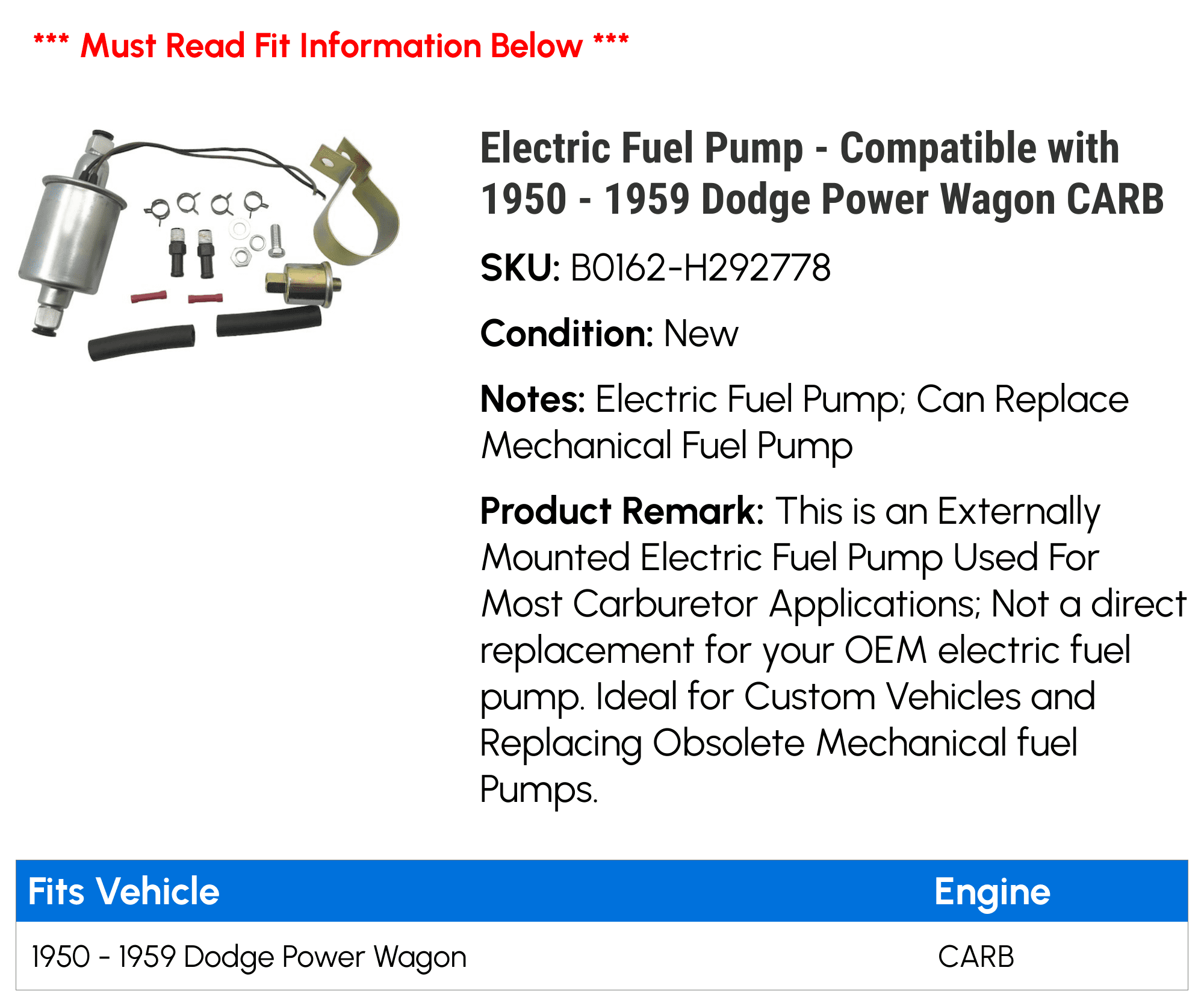 Electric Fuel Pump - Compatible with 1950 - 1959 Dodge Power Wagon CARB 1951 1952 1953 1954 1955 1956 1957 1958