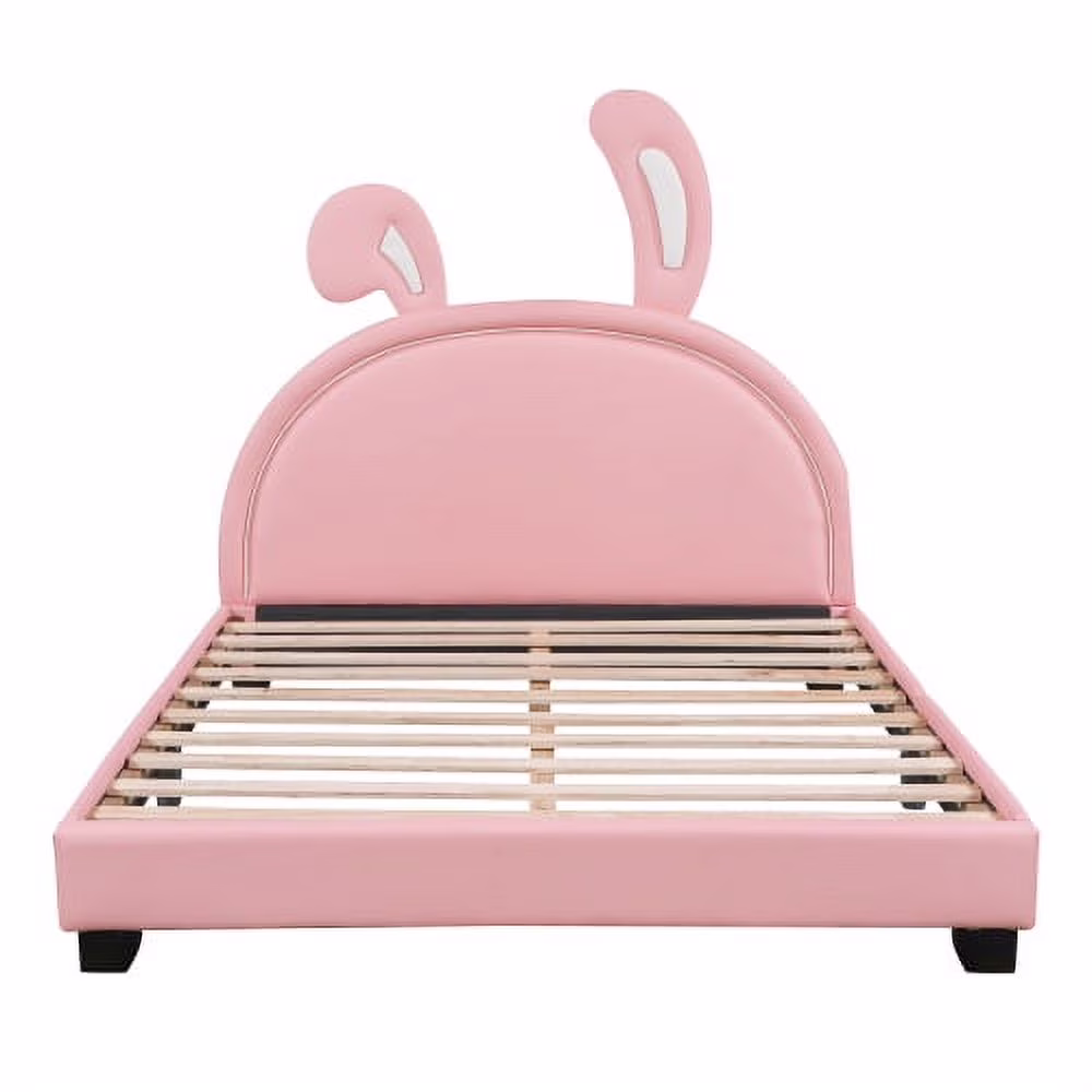 Full Size Upholstered Leather Platform Bed with Rabbit Ornament, Pink(Mattress not included)