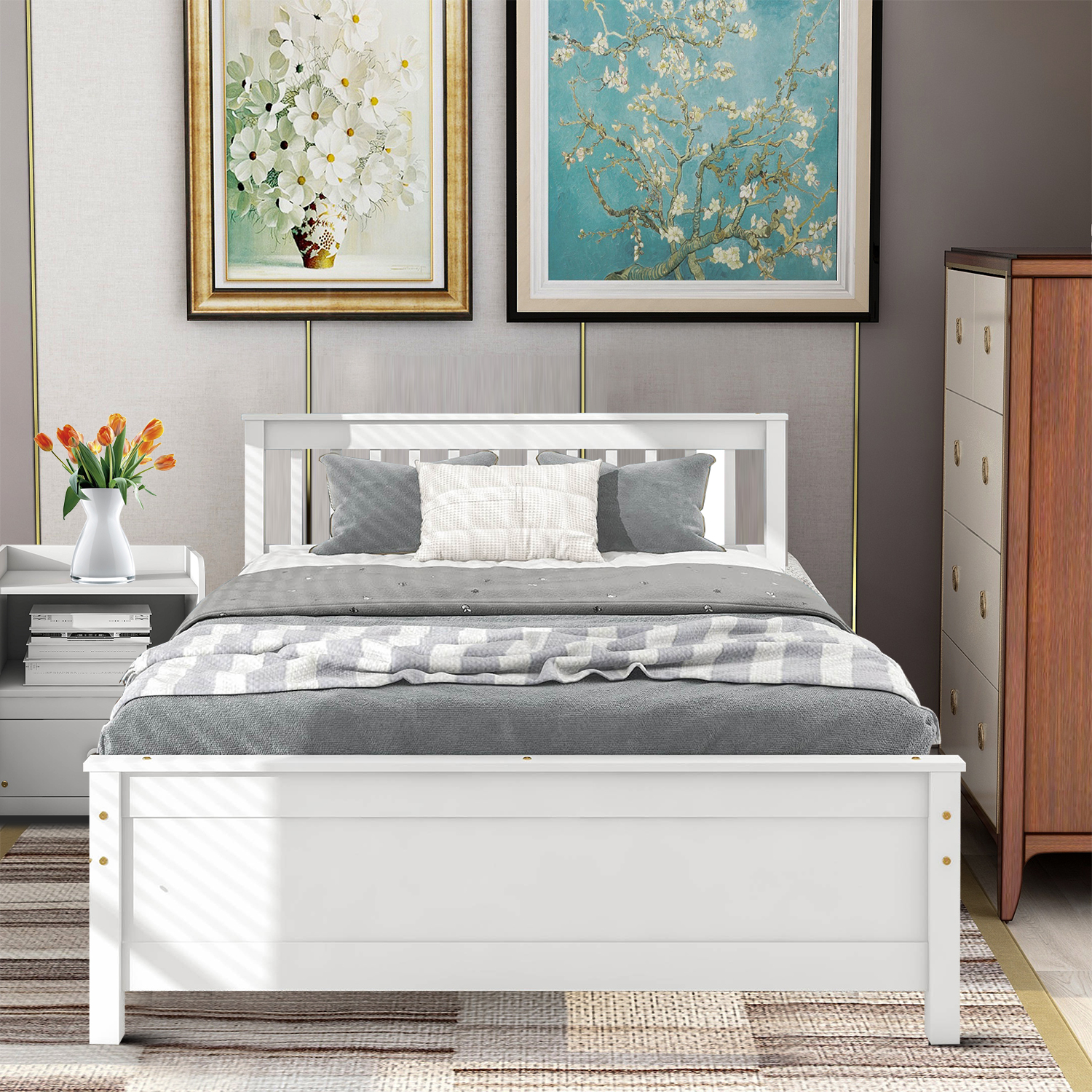 Classic Modern Style Full Size Sturdy Wood Platform Bed with A Nightstand, White