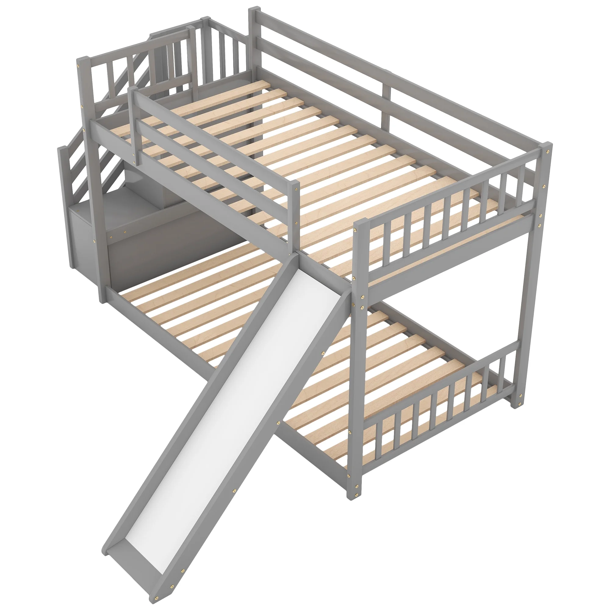 Nestfair Gray Twin over Twin Bunk Bed with Convertible Slide and Stairway