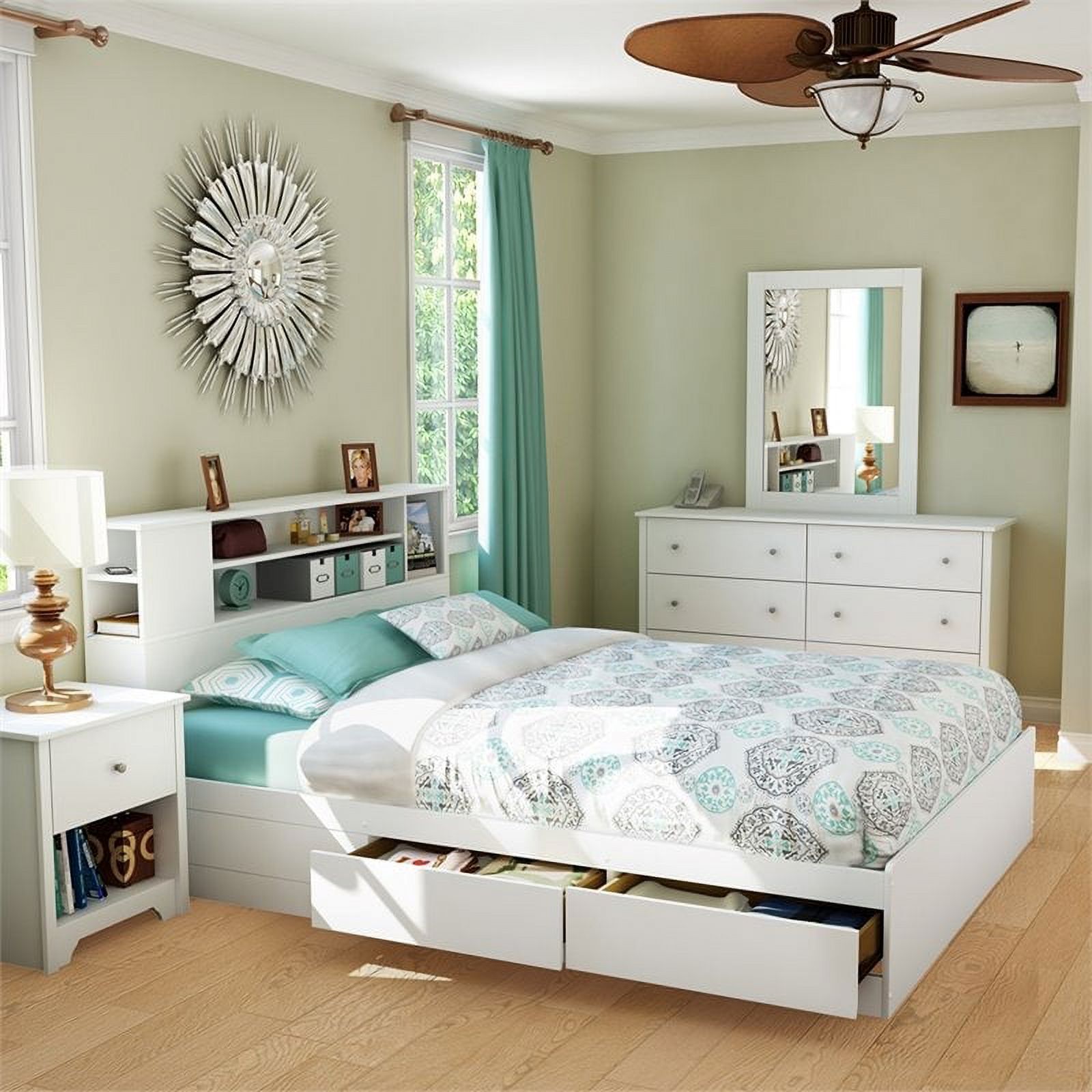 Pemberly Row Modern Wood Queen Bookcase Storage Bed in Pure White