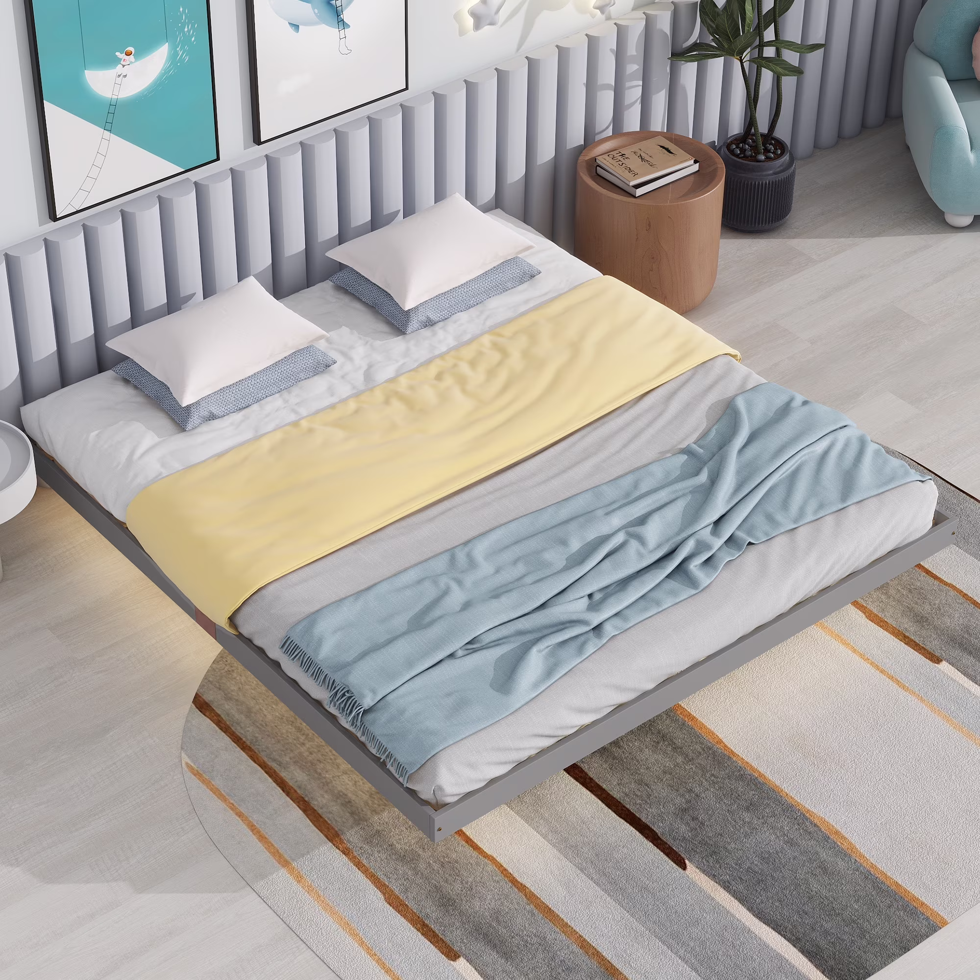 CoSoTower King Size Floating Bed with LED Lights Underneath,Modern King Size Low Profile Platform Bed with LED Lights,Grey