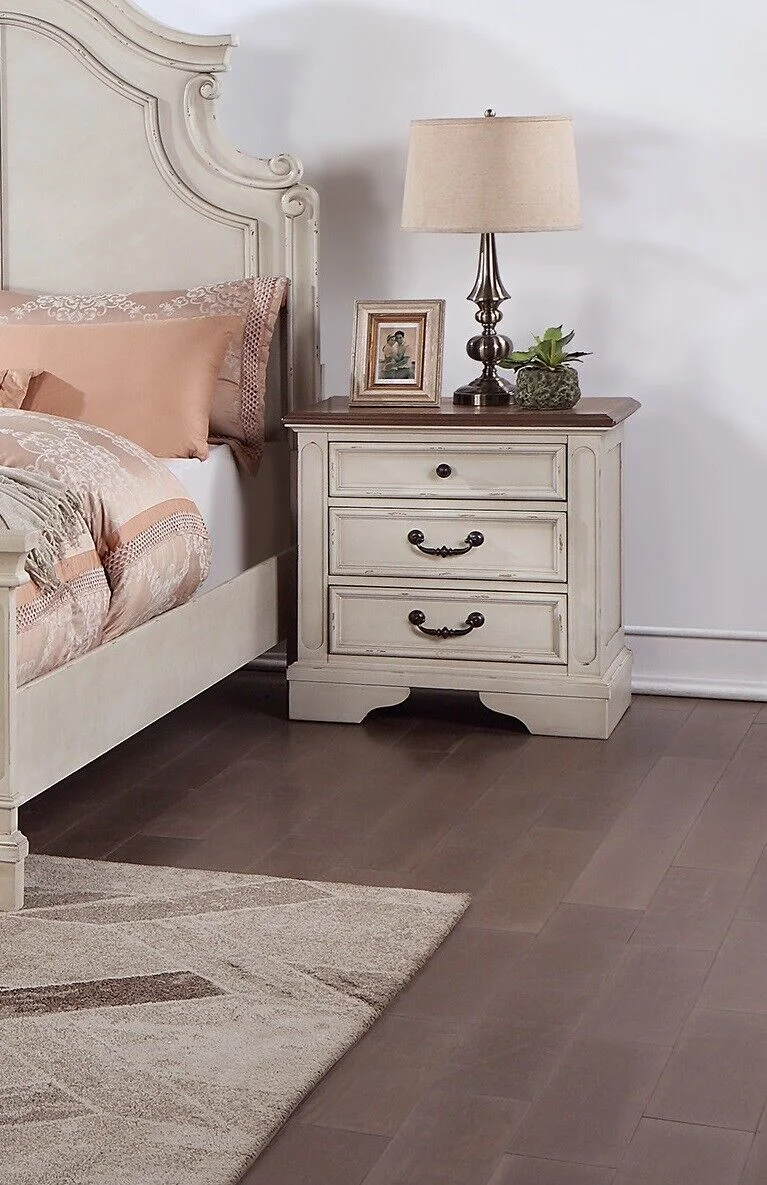 Traditional Look White Creamy Finish 4pc Bedroom Queen Size Bed Set Dresser Mirror Nightstand Wooden Furniture HB FB