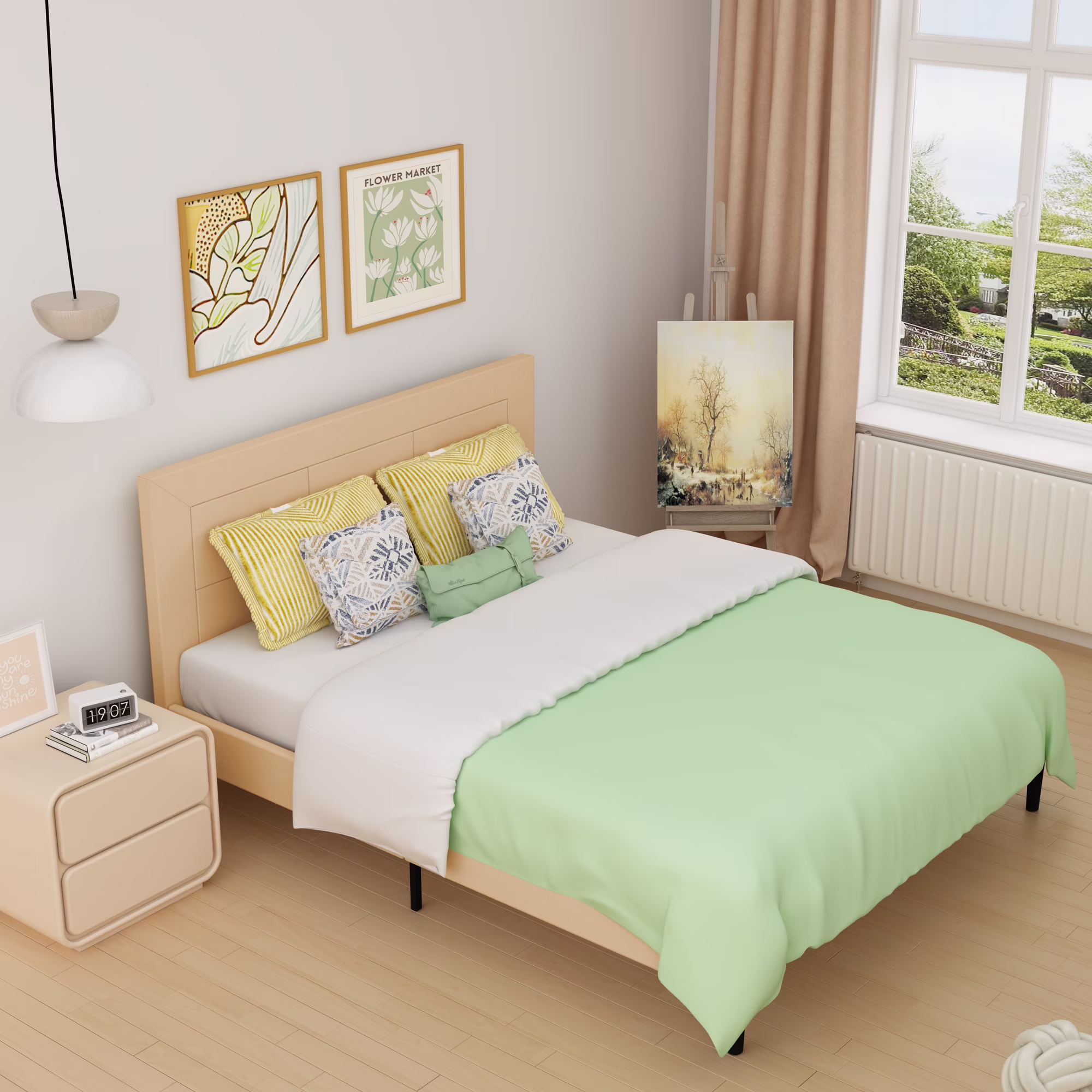 Luxury Queen Size Wood Slat Bed Frame 800 lbs Capacity with PU Leather Headboard Beige