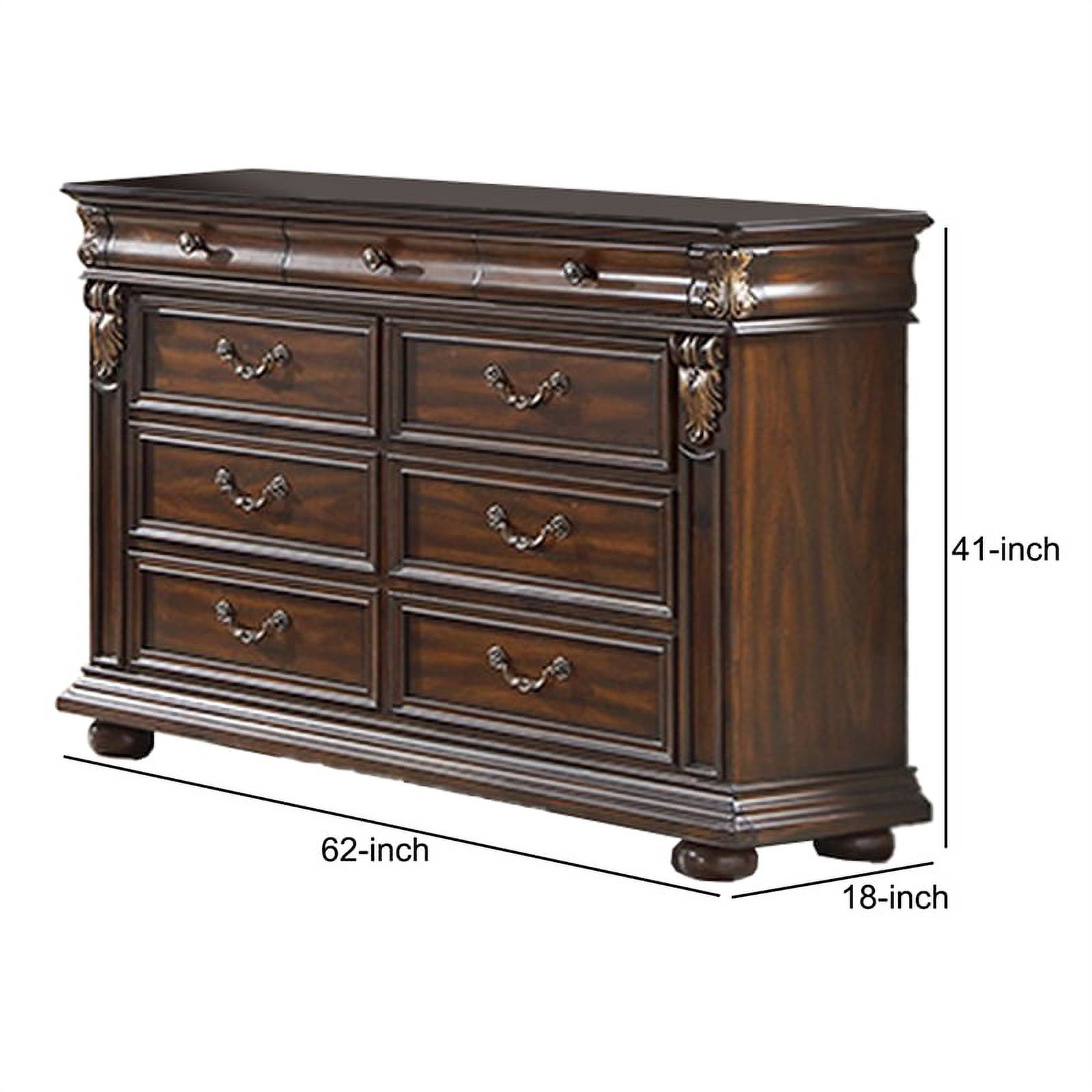 9 Drawer Wooden Dresser with Molded and Carved Details, Brown