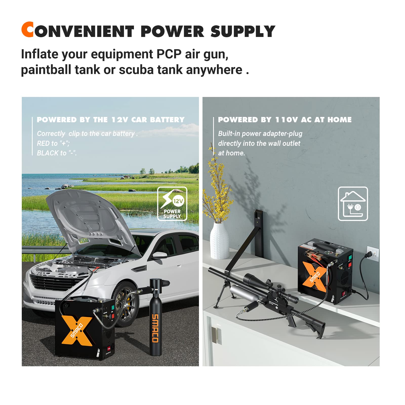 SMACO PCP Air Compressor 4500Psi/30Mpa High Pressure Air Pump for Paintball/Scuba Tank, Oil-Free & No-noise & Auto-Shutoff