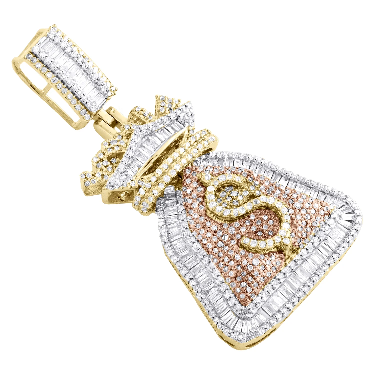 10K Yellow Gold Round & Baguette Diamond Money Bag Pendant 1.75