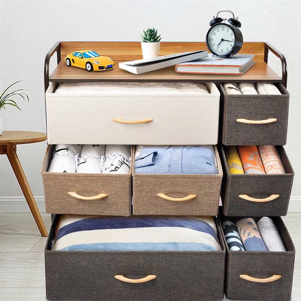 Bigroof Dresser with 7 Drawers, Closet with Fabric Drawers for Bedroom Bathroom-Steel Frame Wood Top with Fabric Bins for Clothing Blankets Plush Toy (Multi Color-7 Drawers)
