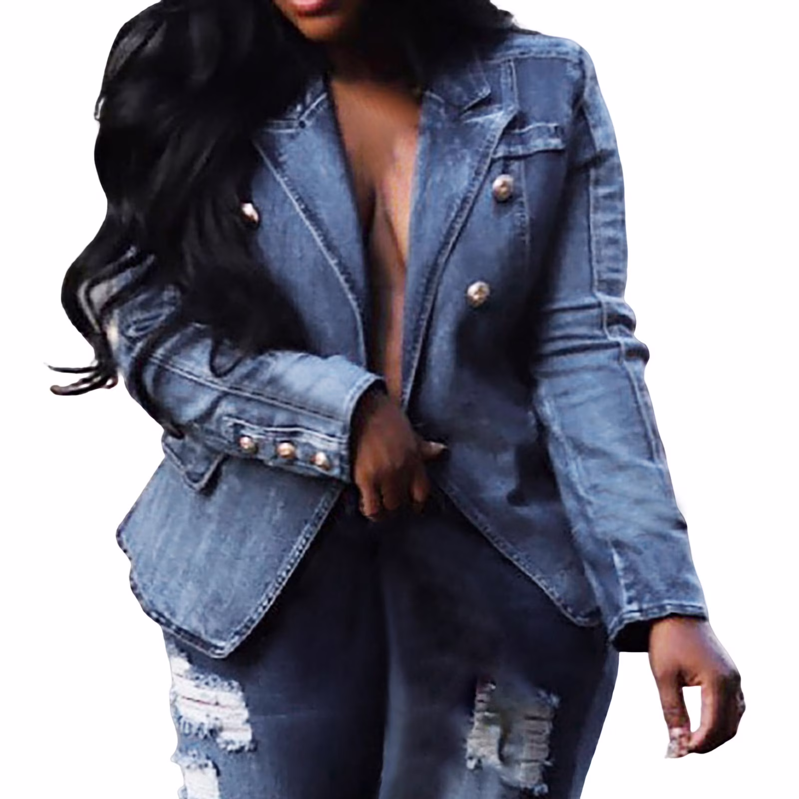 PMUYBHF Women Denim Jackets Oversized Women Casual Solid Denim One Long Sleeve Turndown Collar Loose Coat Blue Jean Jacket for Women Denim Women's Blazer 3/4 Sleeve Plus Size