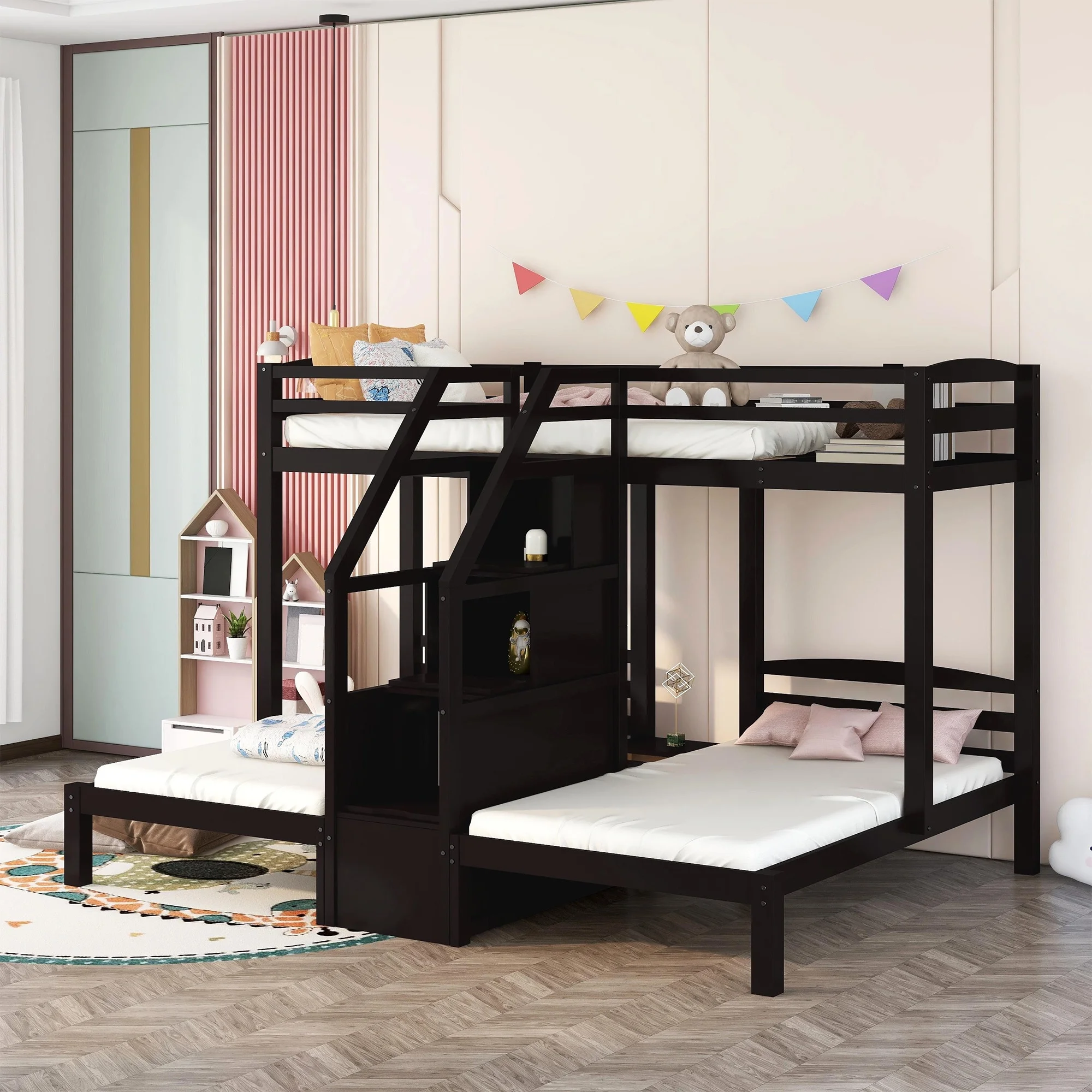 Twin over Twin & Twin Bunk Bed with Built-in Middle Staircase and Little Drawer, Wooden Twin over Twin Bed for Kids Teens Adults, 3 Beds in 1