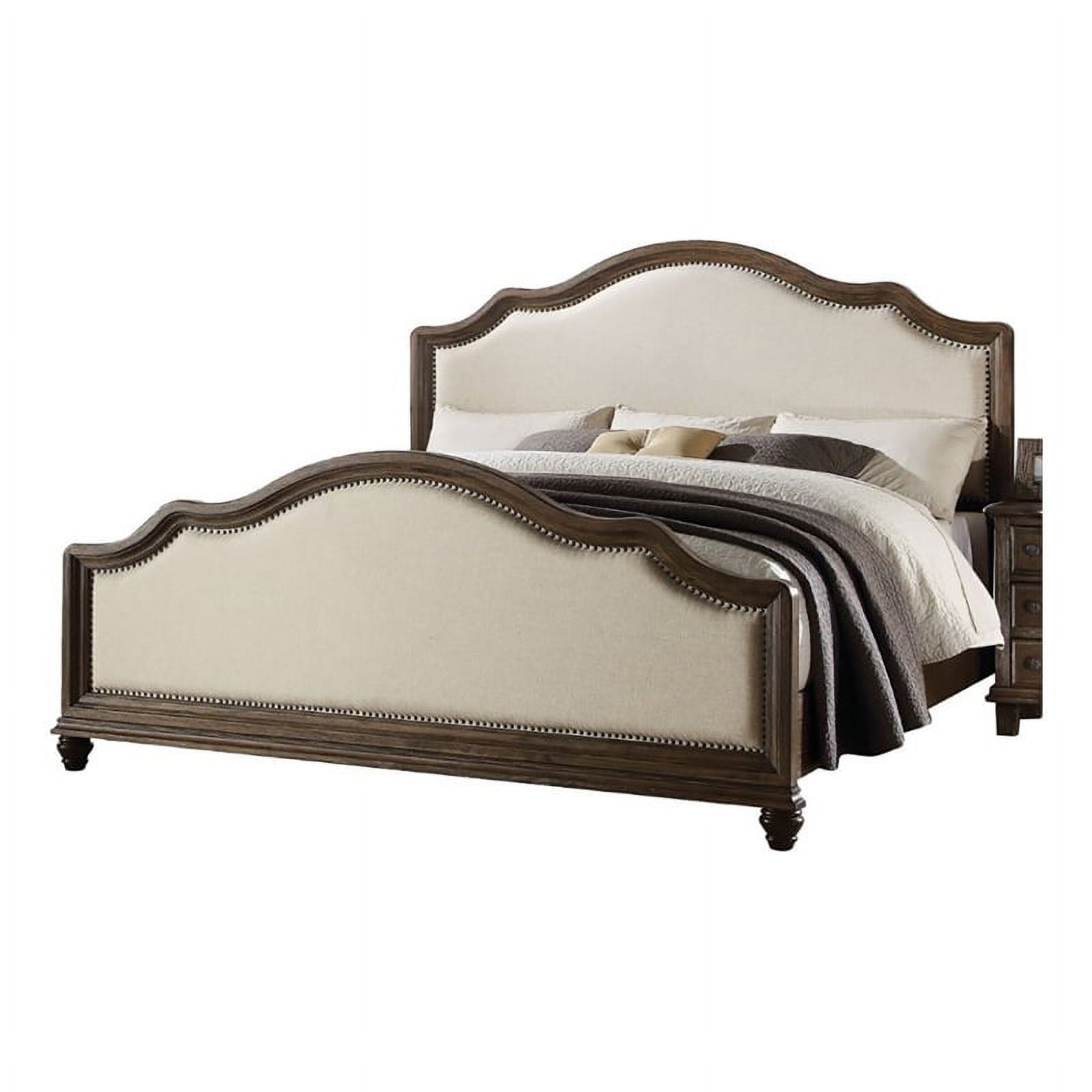 Bowery Hill Modern Fabric Upholstered Queen Panel Bed in Beige/Weathered Oak