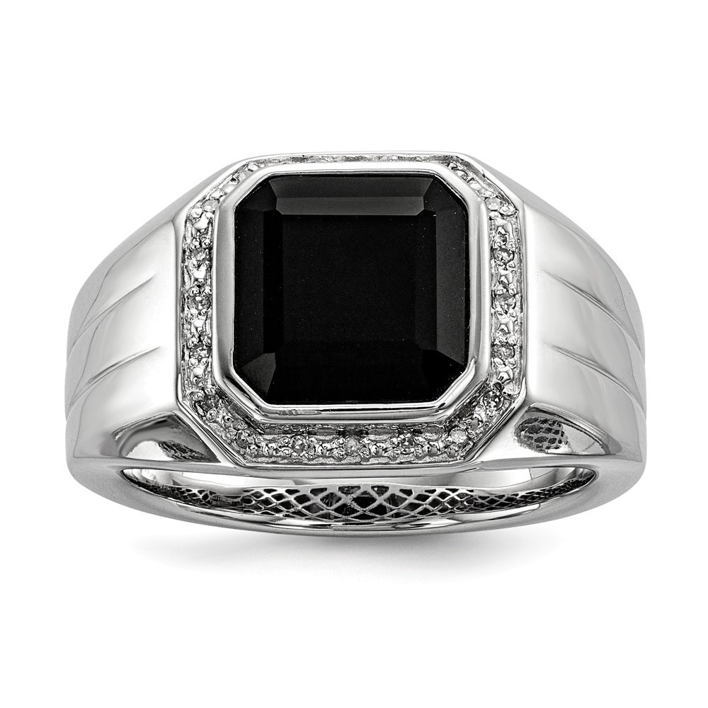 Sterling Silver Diamond and Black Simulated Onyx Square Mens Ring - Size 9 - Measures 14mm Wide