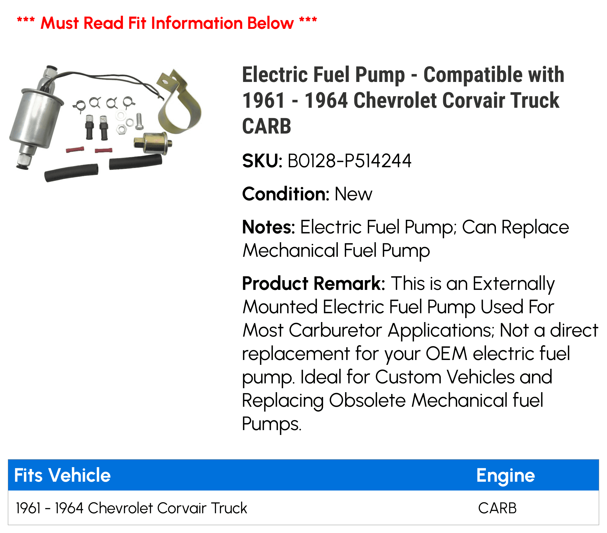 Electric Fuel Pump - Compatible with 1961 - 1964 Chevy Corvair Truck CARB 1962 1963