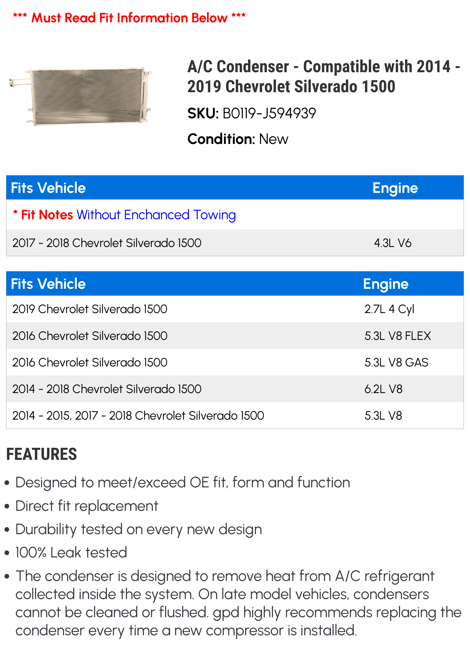 A/C Condenser - Compatible with 2014 - 2019 Chevy Silverado 1500 2015 2016 2017 2018