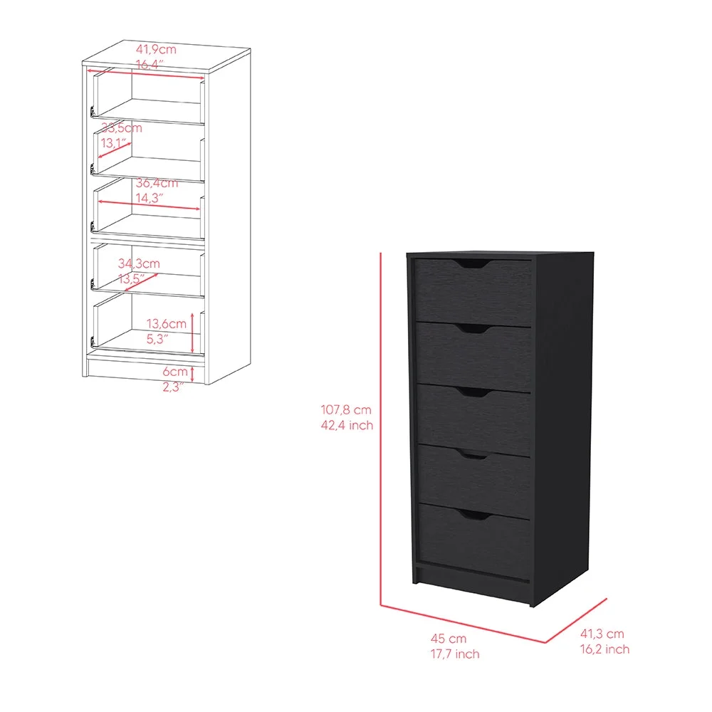 Treevol Furniture, Dresser Kamran, Five Drawers Narrow, Black Wengue Finish - Bedroom, Adults