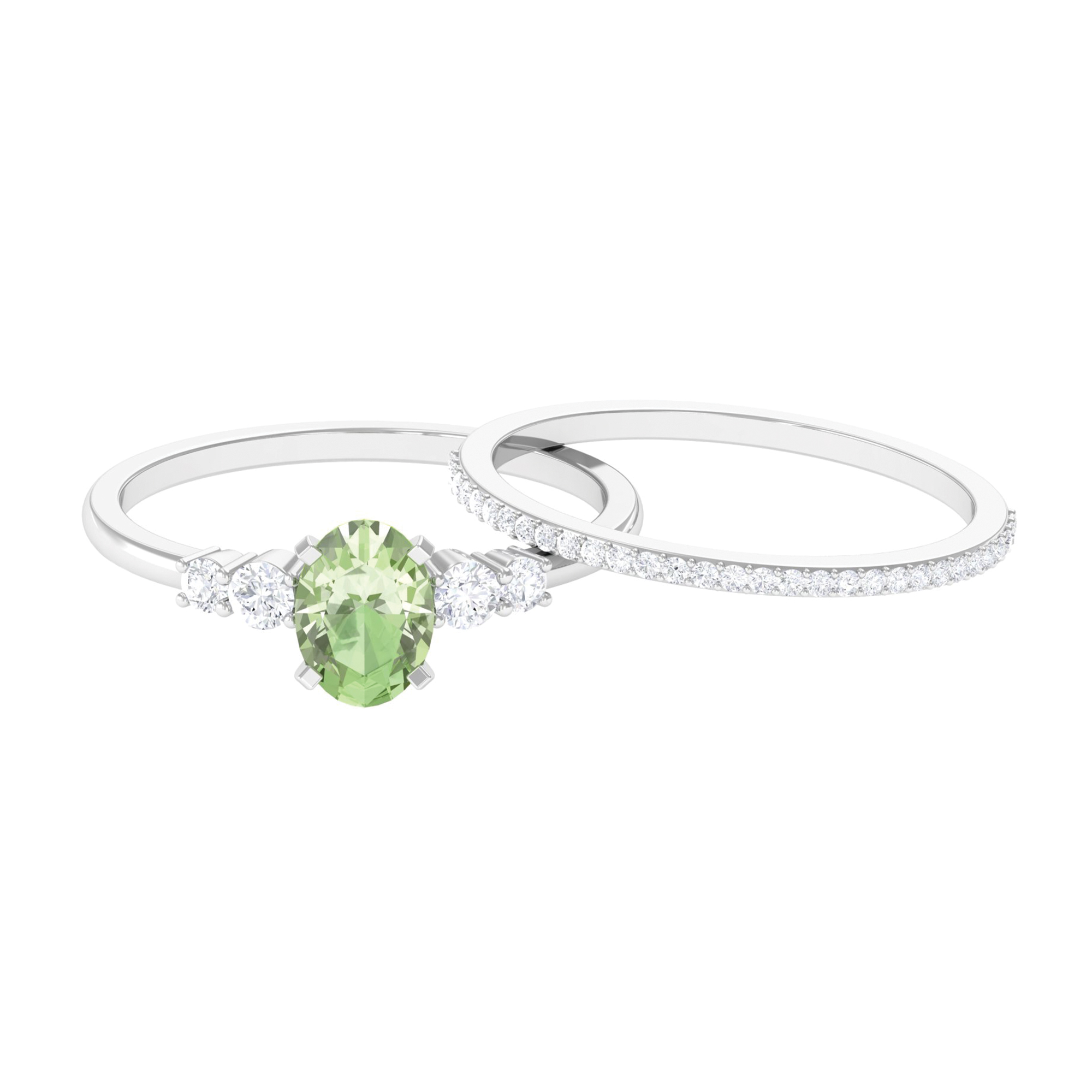 Created Green Sapphire Solitaire Ring Set with Diamond for Women - Stackable Ring Set, 925 Sterling Silver, US 4.00