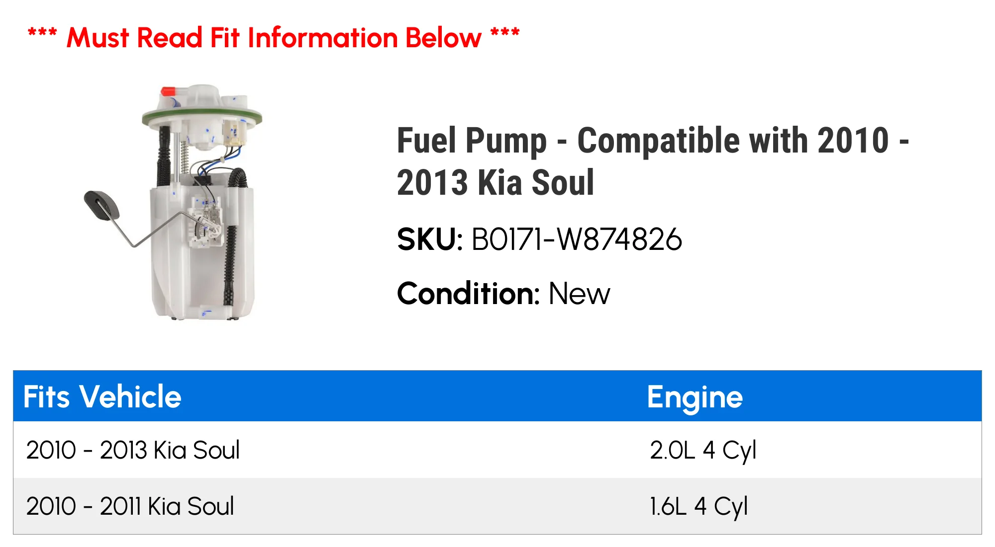 Fuel Pump - Compatible with 2010 - 2013 Kia Soul 2011 2012