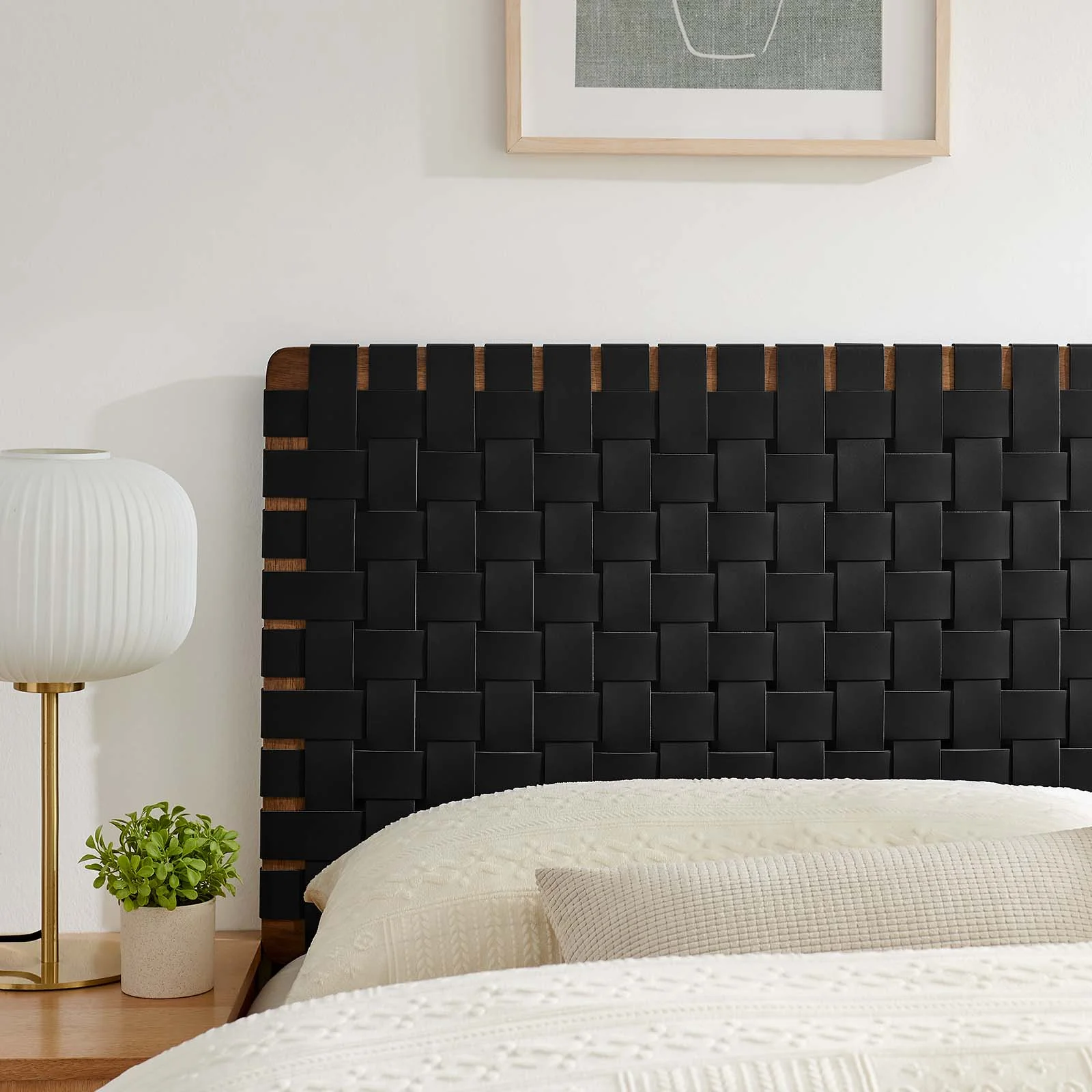 Modway Sparta Weave Queen Vegan Leather Headboard in Walnut Black