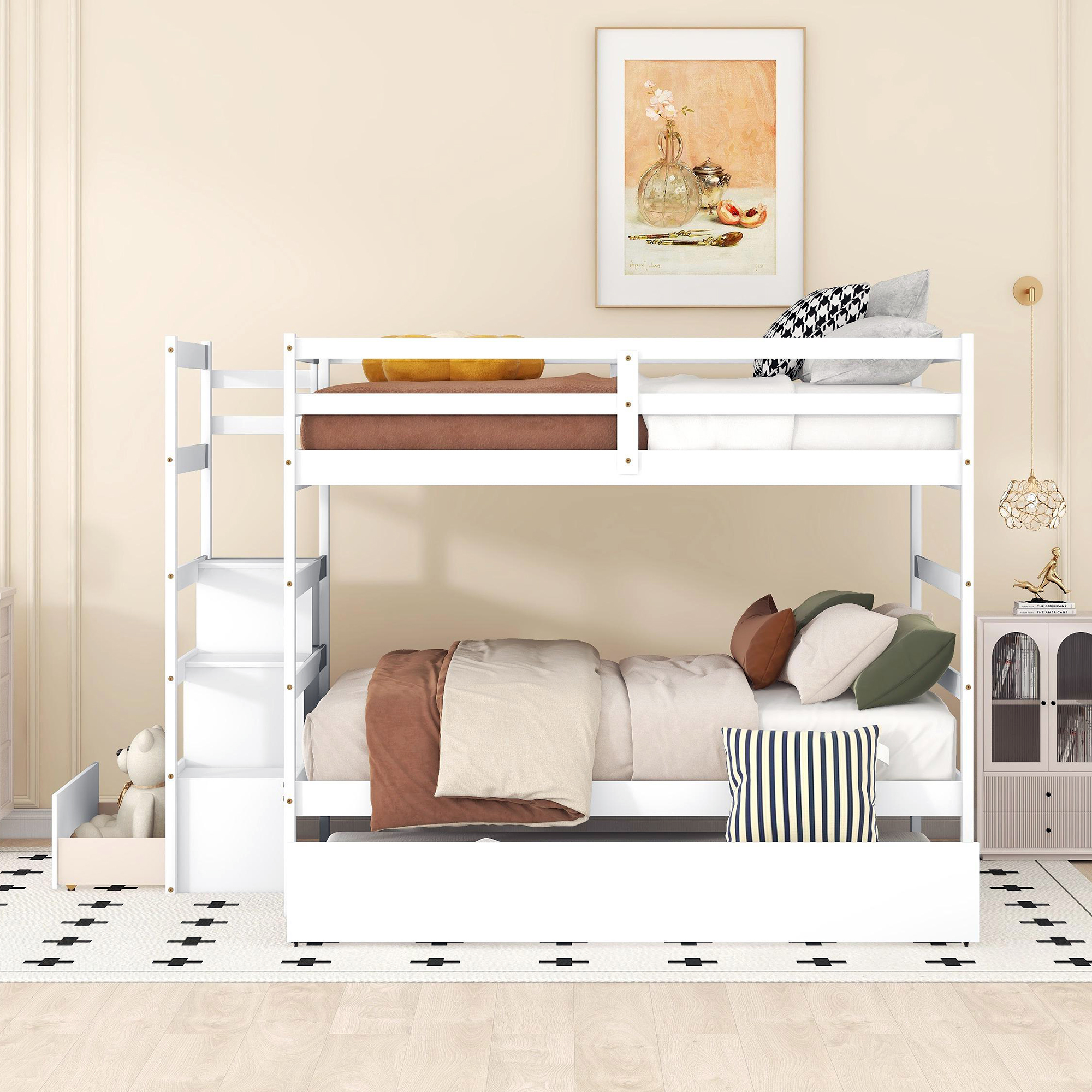 Bellemave Wood Full over Full Bunk Bed with Twin Size Trundle and Storage Stairway for Kids, Teens, Adult, Three Beds Bunk Bed for 3 (White)