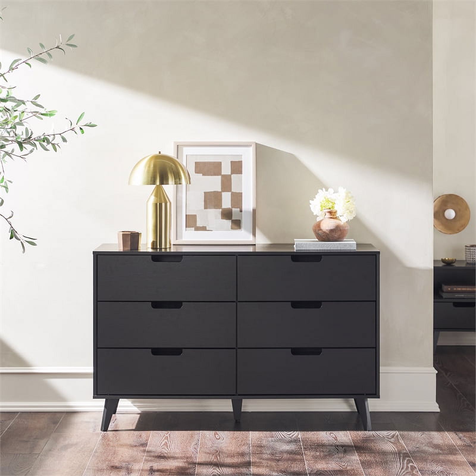 Pemberly Row Simple Wood 6 Drawer Dresser with Cut Out Handles - Black