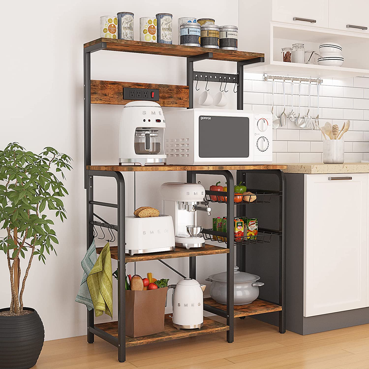 DIQIN Kitchen with Power Outlet, s for Kitchen with Storage, Microwave Stand with Storage, Kitchen Rack and Shelves with 2 Wire Baskets, 10 S-Hooks, Kitchen Storage Shelves