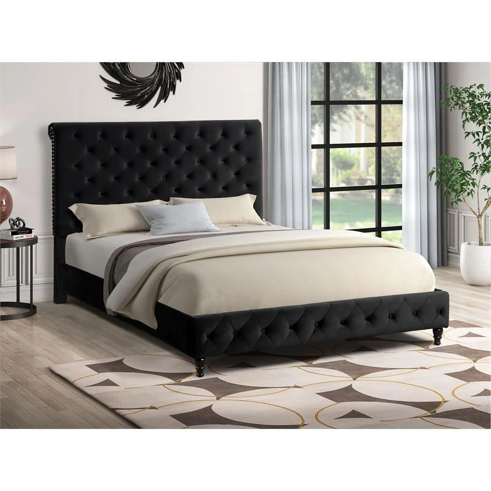 Pemberly Row Tufted Velvet Fabric Queen Platform Bed in Black