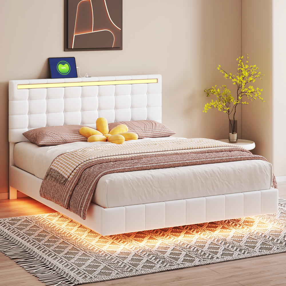 Yone jx je Queen Size Floating Bed Frame with LED Lights and USB Charging, Modern Upholstered Platform LED Bed Frame No Box Spring Needed, Easy Assembly,White