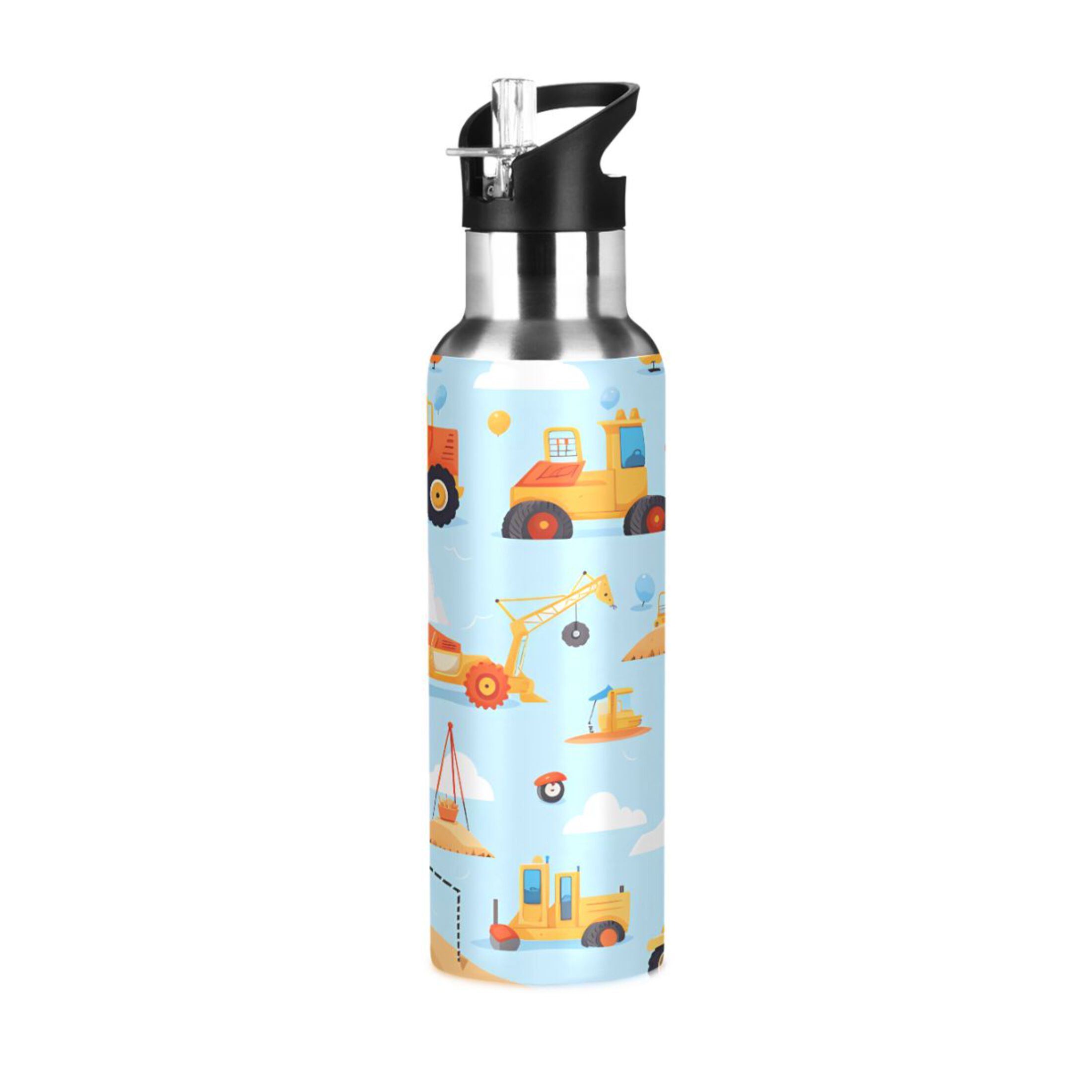 Water Bottle with Straw Lid Leak Cartoon Truck Blue Excavator Stainless Steel Insulated Thermos Vacuum Flask for Cold Hot Drinking for Sports Camping Gym Yoga