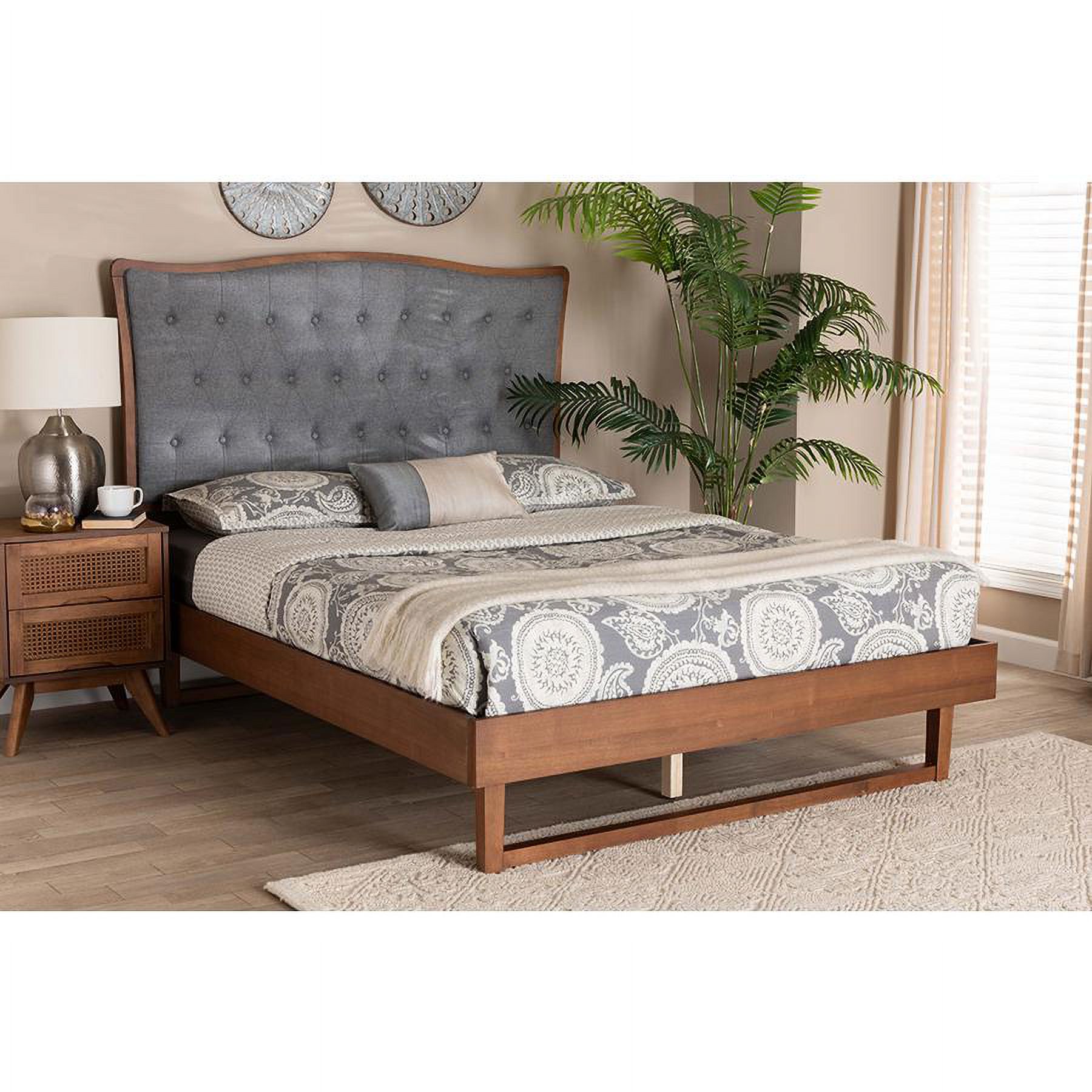 Baxton Studio Sereno Gray Fabric and Walnut Brown Wood Queen Size Platform bed