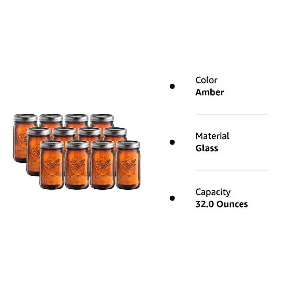 Ball Amber Glass Wide Mouth Mason Jars (32 oz/ Quart ) 12 Pack. With Airtight lids and Bands - Amber Canning Jar - UV light Protection - Microwave & Dishwasher Safe.