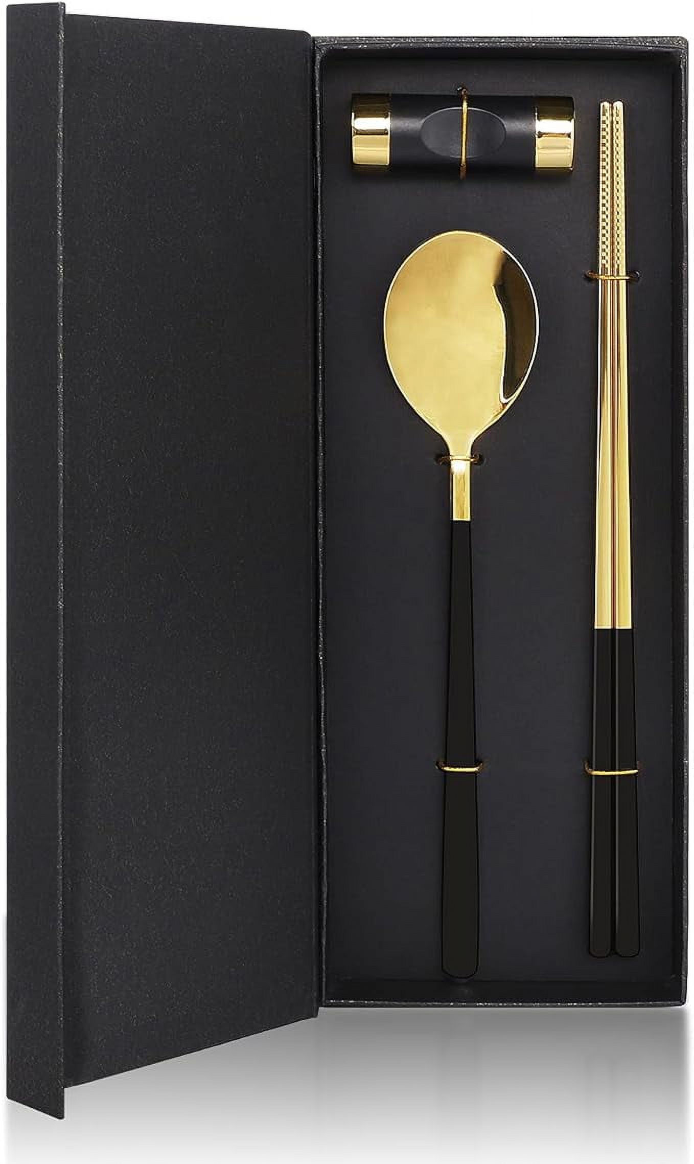 Stainless Steel Chopsticks Spoons and Chopsticks Holders, Dinner Flatware Gift Set (Black&Golden)