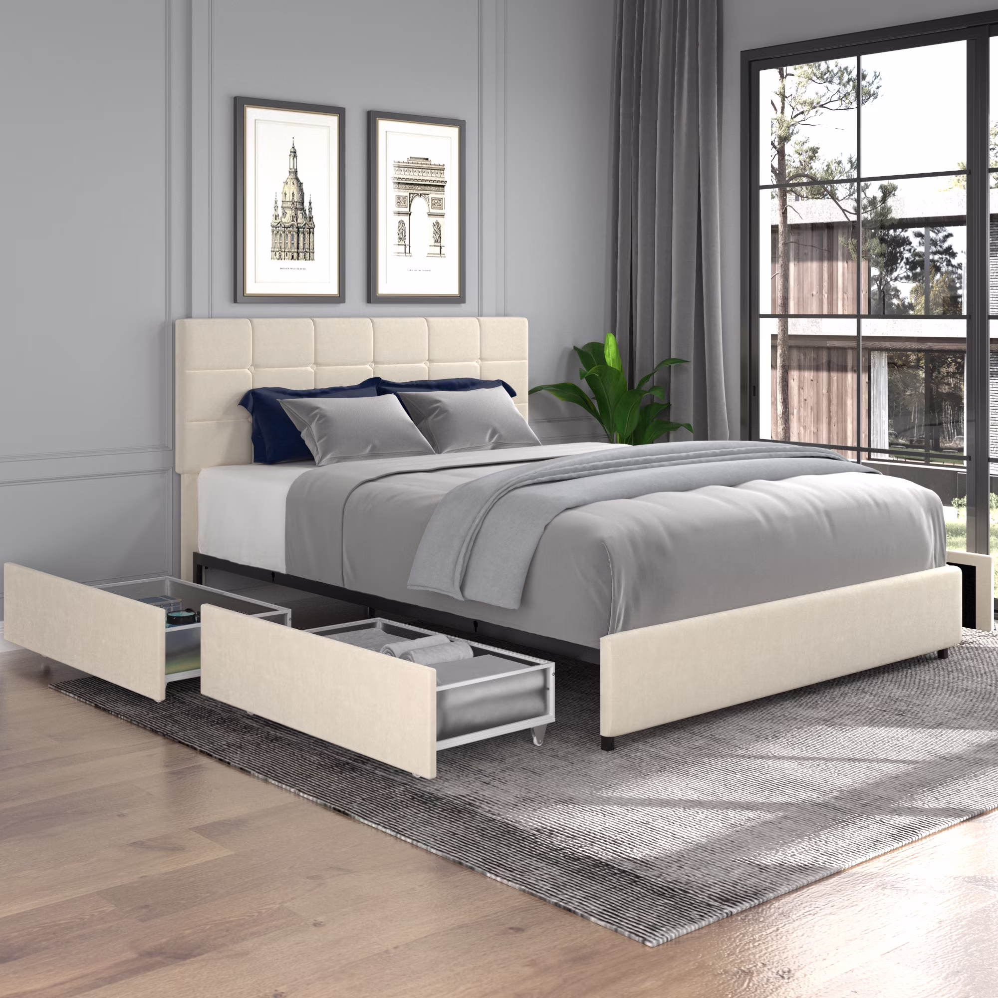 Momspeace Queen Size Bed with Headboard and 4 Drawers Storage, Velvet Upholstered Platform Bed, Ivory