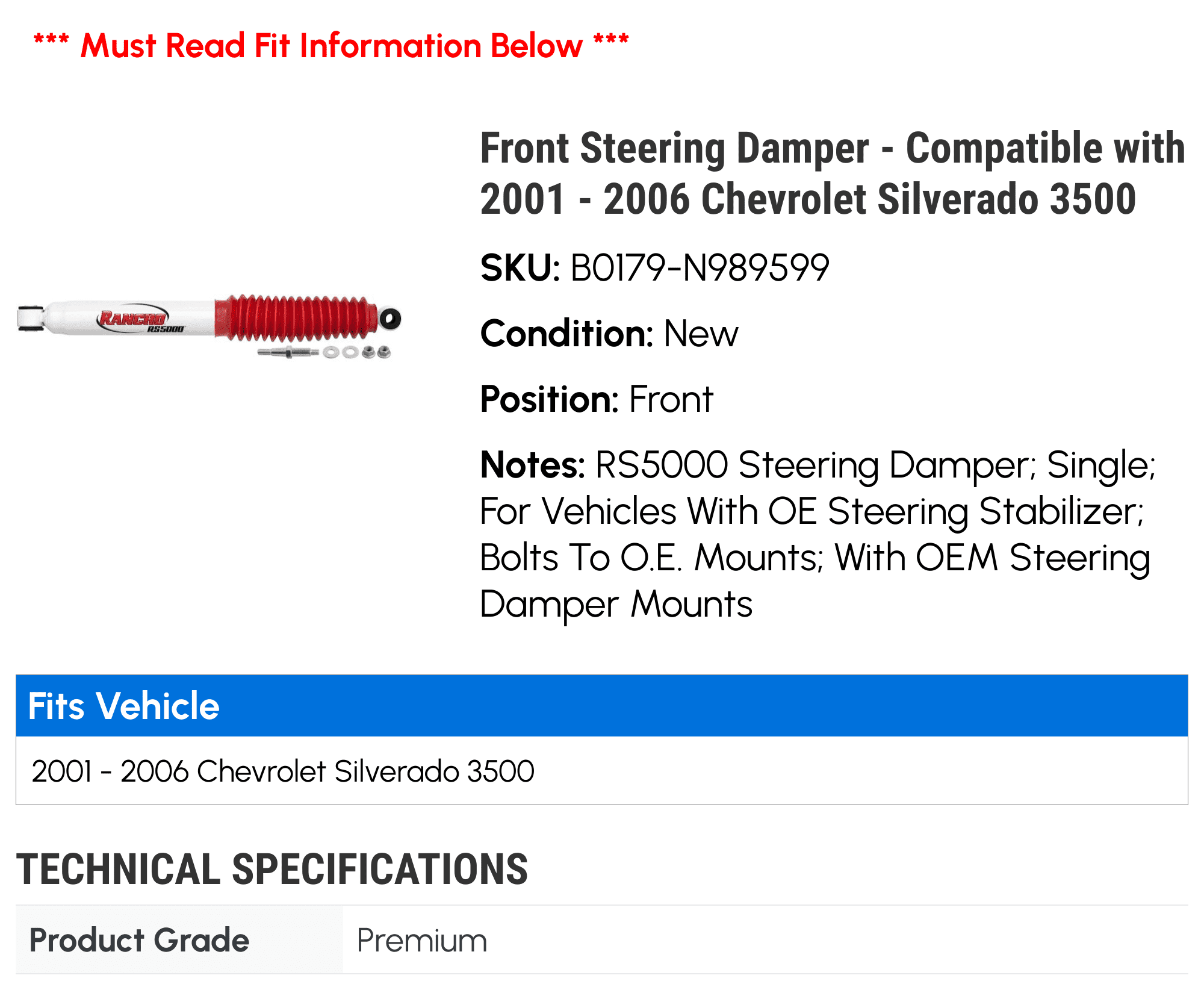 Front Steering Damper - Compatible with 2001 - 2006 Chevy Silverado 3500 2002 2003 2004 2005
