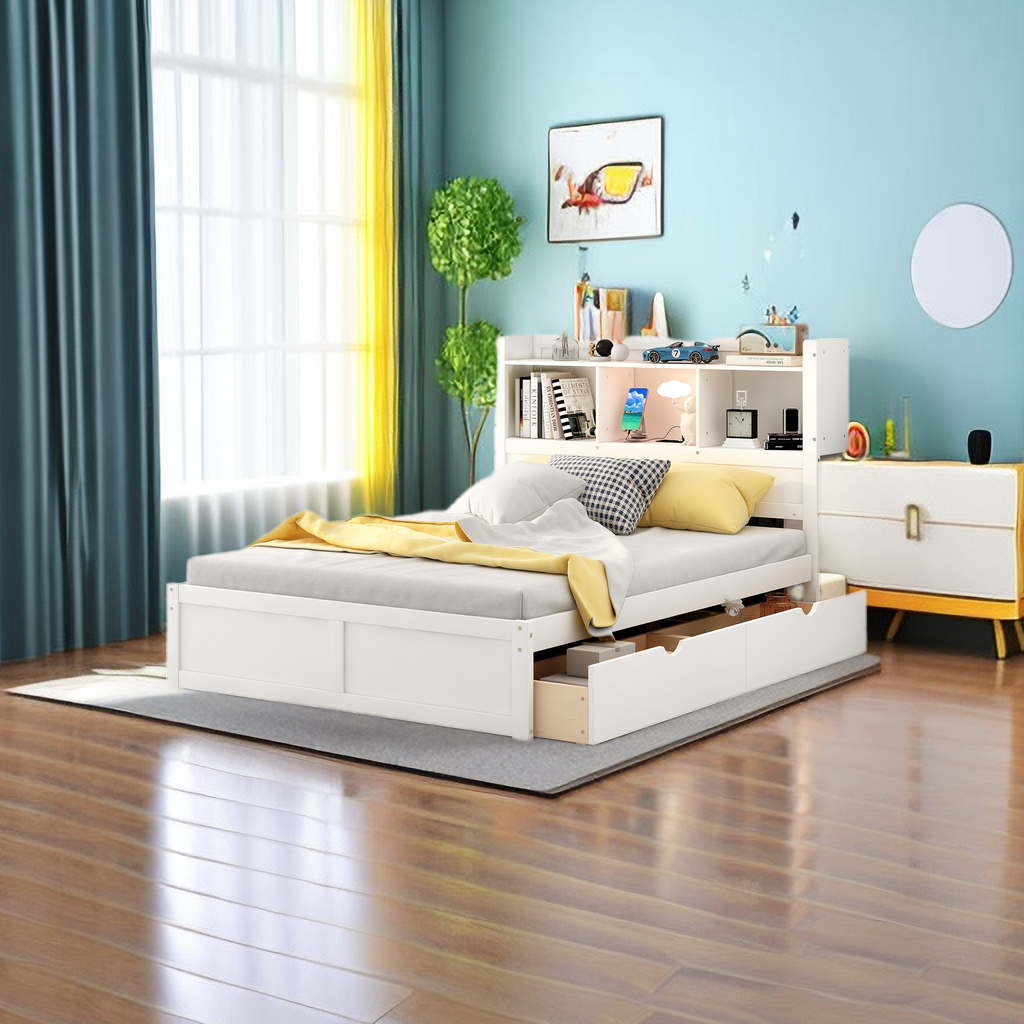 Platform Bed, Full Size Storage Platform Bed with Pull Out Shelves, Twin Size Trundle and 2 Drawers, Multifunctional Platform Bed for Kids Teens Girls Boys Bedroom, Easy Assembly