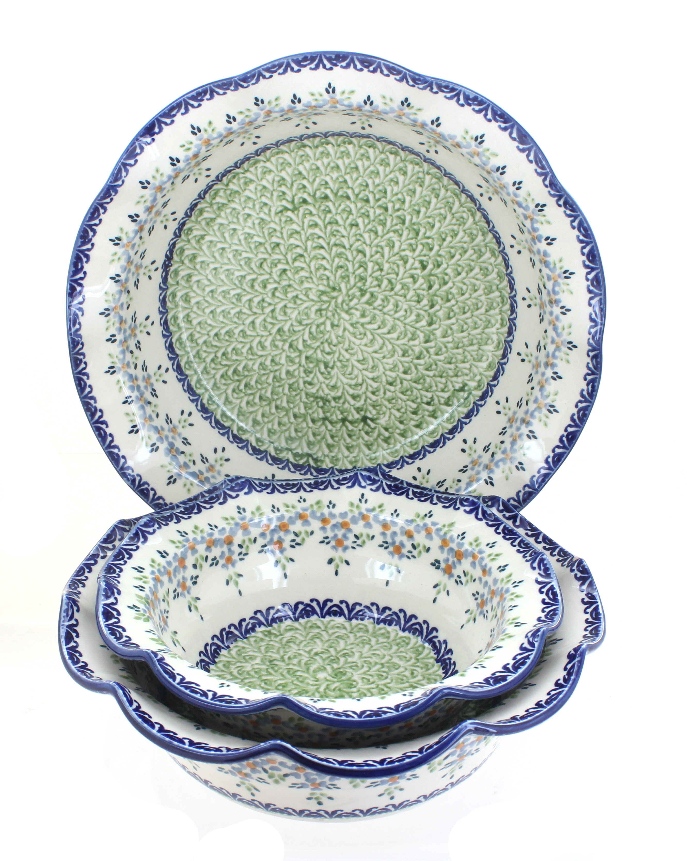 Blue Rose Polish Pottery Summer Vine 3 Piece Scallop Serving Set