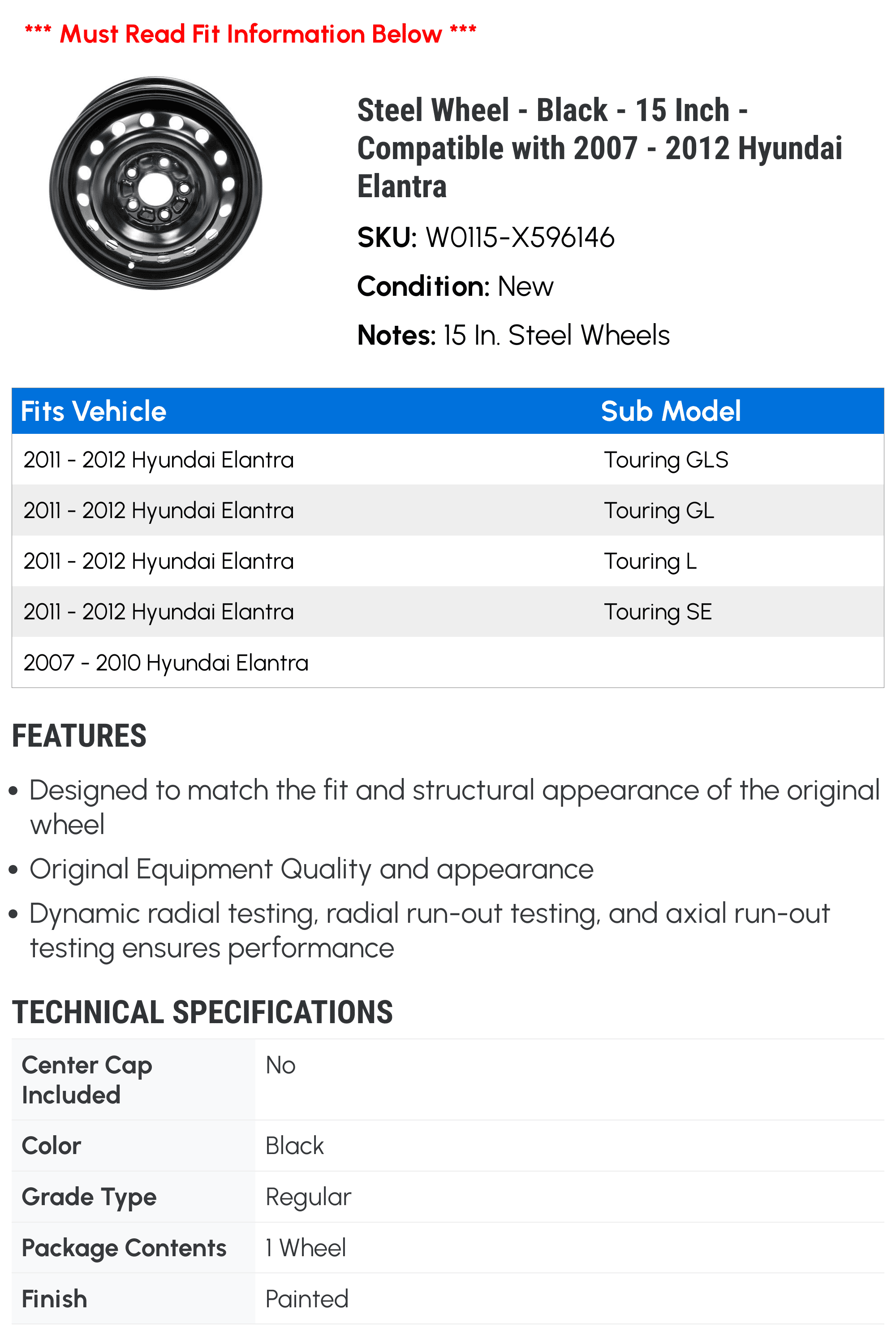 Steel Wheel - Black - 15 Inch - Compatible with 2007 - 2012 Hyundai Elantra 2008 2009 2010 2011