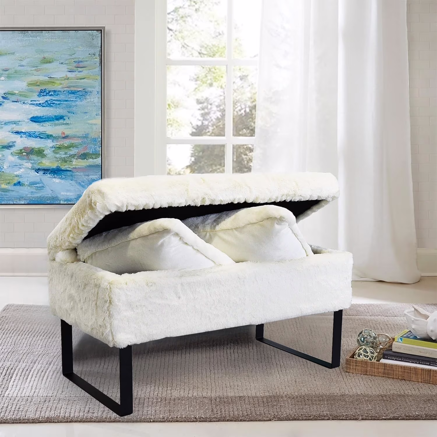 Heavy Faux Fur Storage Ottoman, 36'' X 18'' X 19''H / 20'' X 20'' Pillow Set, Antique White, Foot Rest Stool Ottoman Living Room Bedroom End Of Bed Makeup Entryway Bench Throw Pillow