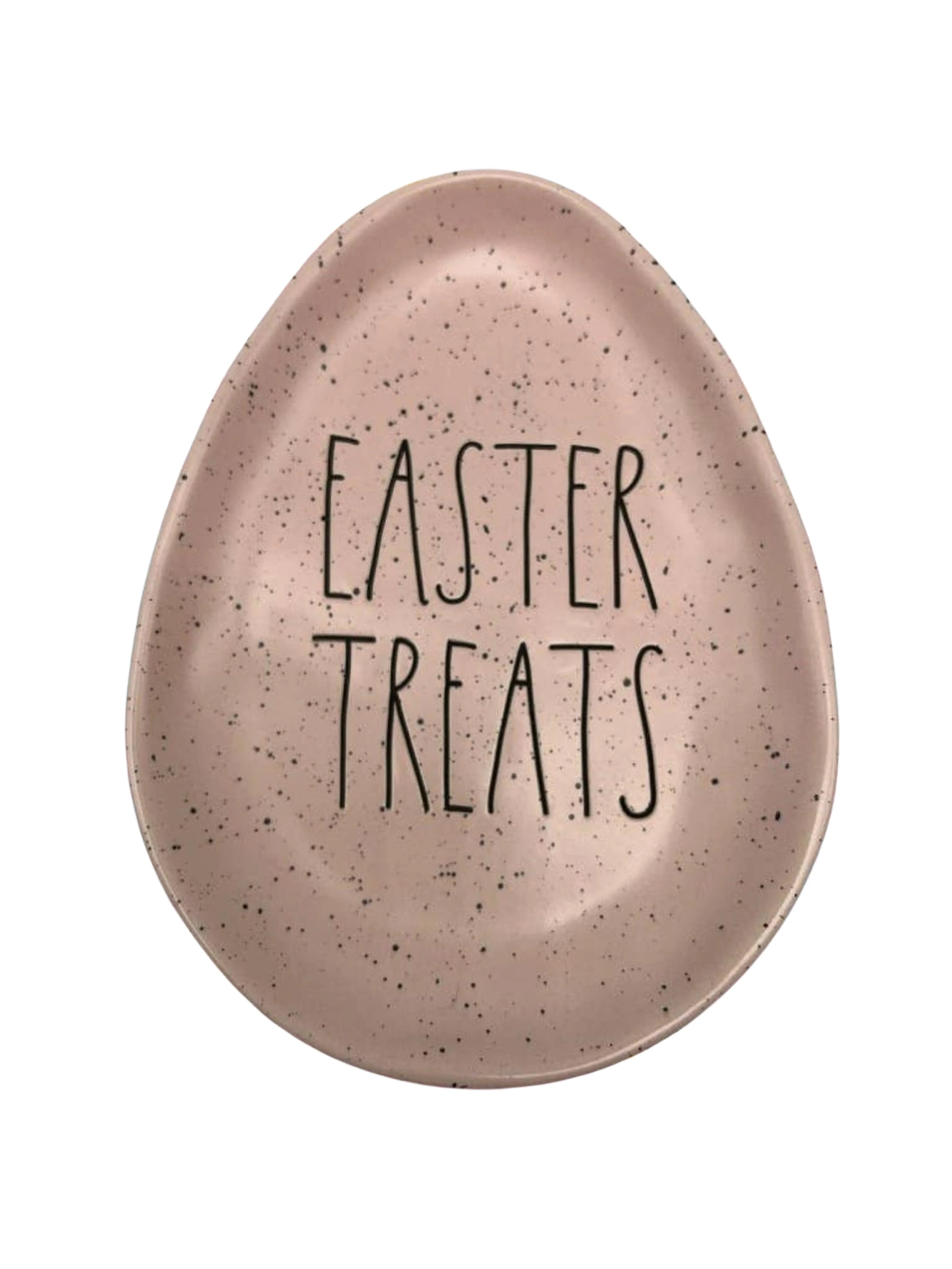 Rae Dunn EASTER TREATS Pink Ceramic Speckled Egg-shaped Plate inscribed in Black LL letters 6