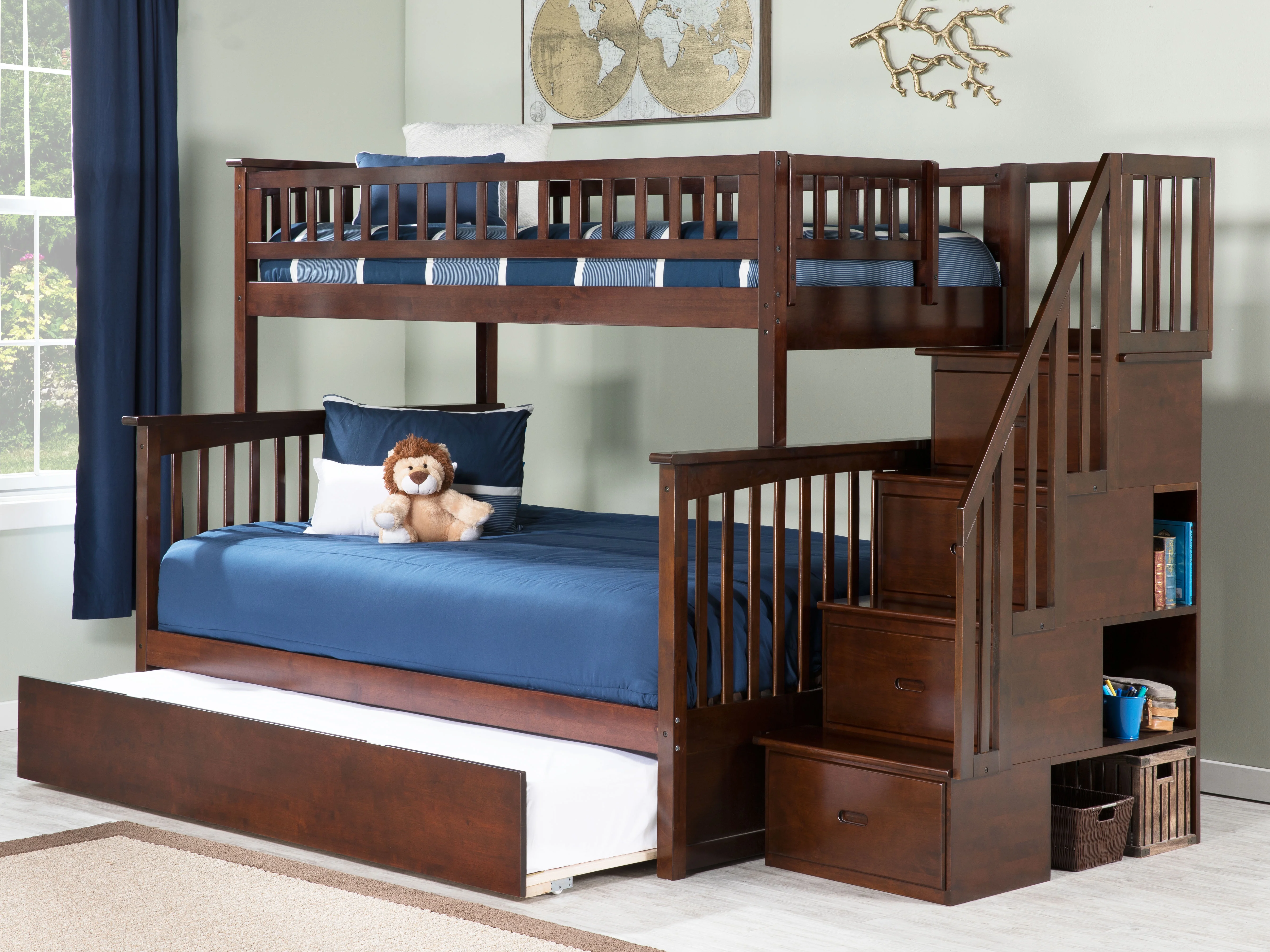 Columbia Staircase Bunk Bed Twin over Full with Twin Size Urban Trundle Bed in Walnut