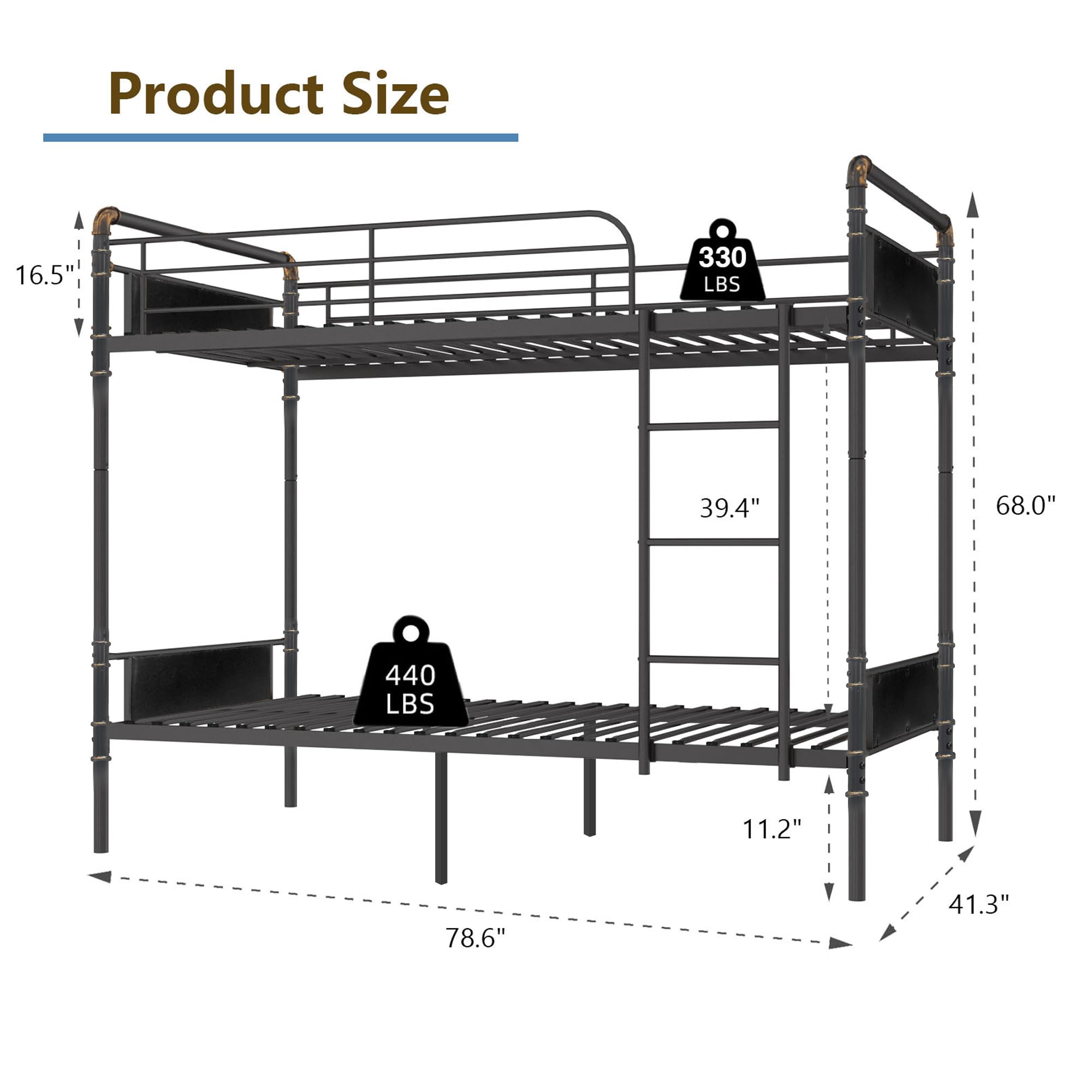 Alohappy Twin Over Twin Bunk Bed, Convertible Twin Bunk Beds Into 2 Individual Bed, Removable Ladder & Safety Guard Rail for Kids, Easy Assembly, No Box Spring Needed (Black)