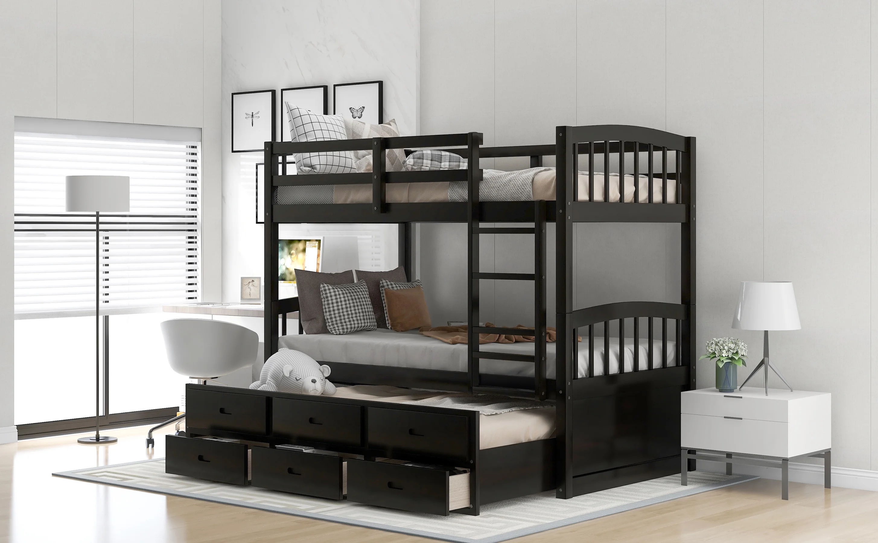 Leadzm Twin over Twin Wood Bunk Bed with Trundle and Drawers, Espresso