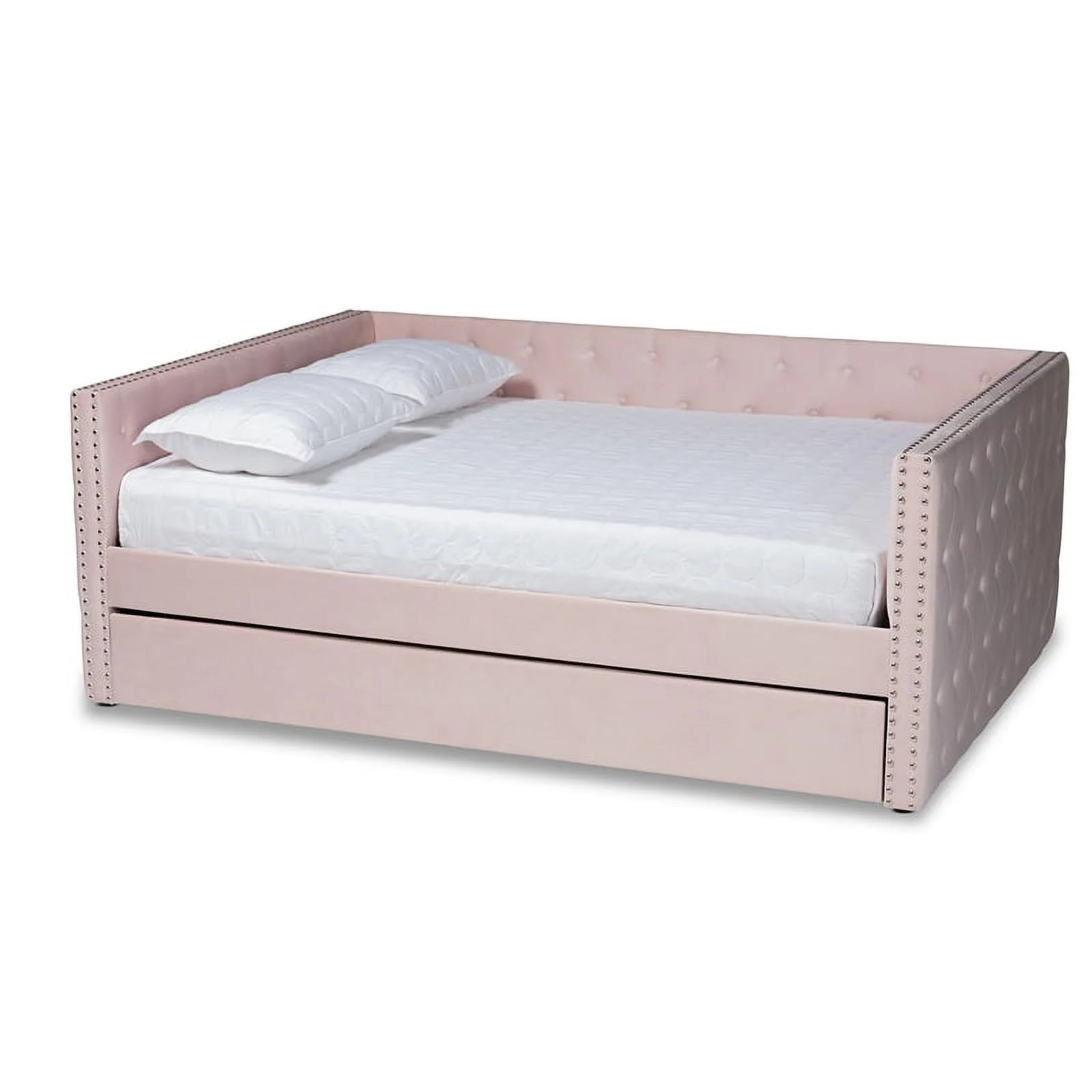 Bowery Hill Pink Velvet Upholstered Full Size Daybed with Trundle