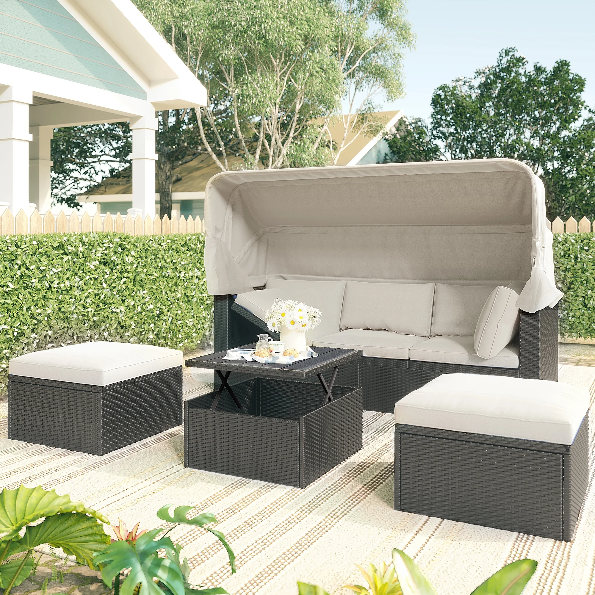 uhomepro Outdoor Sectional Sofa Set, 4 Piece Patio Rattan Daybed with Retractable Canopy, Adjustable Back, UV-Proof Resin Wicker Patio Sofa Set with Cushions, Pillows, and Lifting Table, Beige
