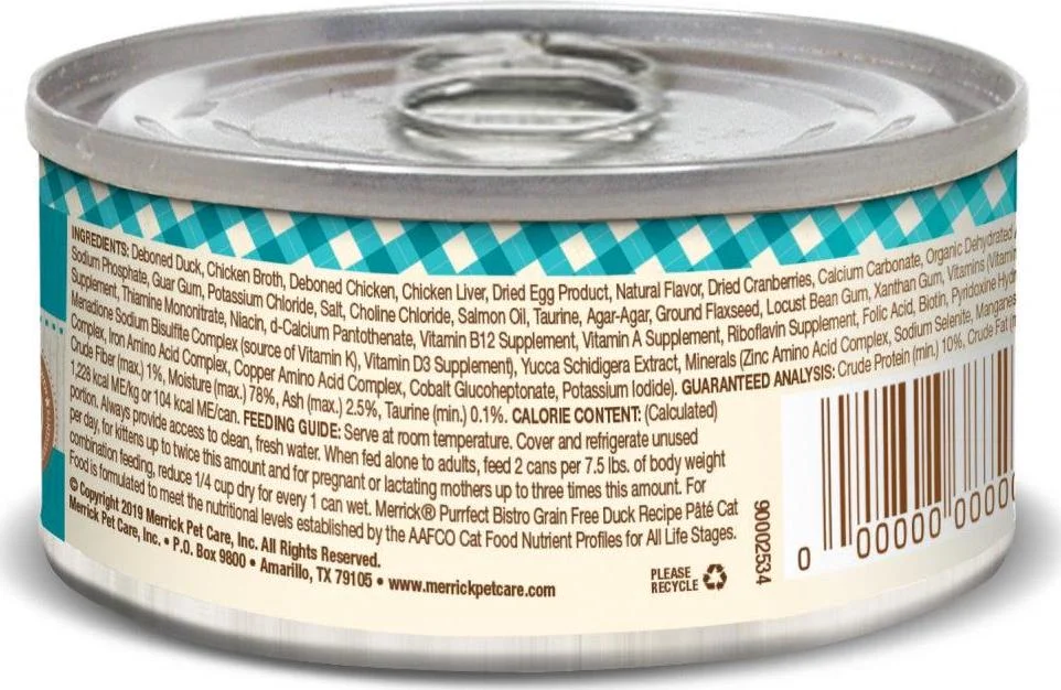 Merrick Purrfect Bistro Grain Free Wet Cat Food Duck Recipe Pate 5.5oz, case of 24