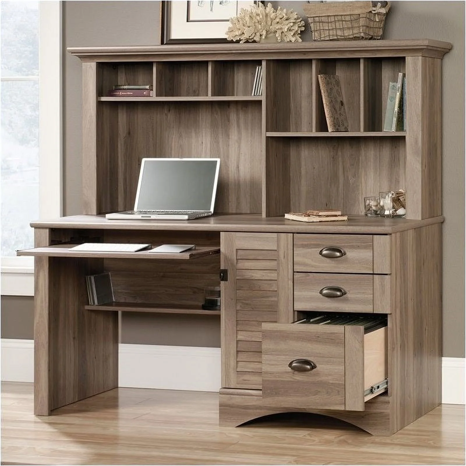 Pemberly Row Modern Wood Computer Desk with Hutch in Salt Oak