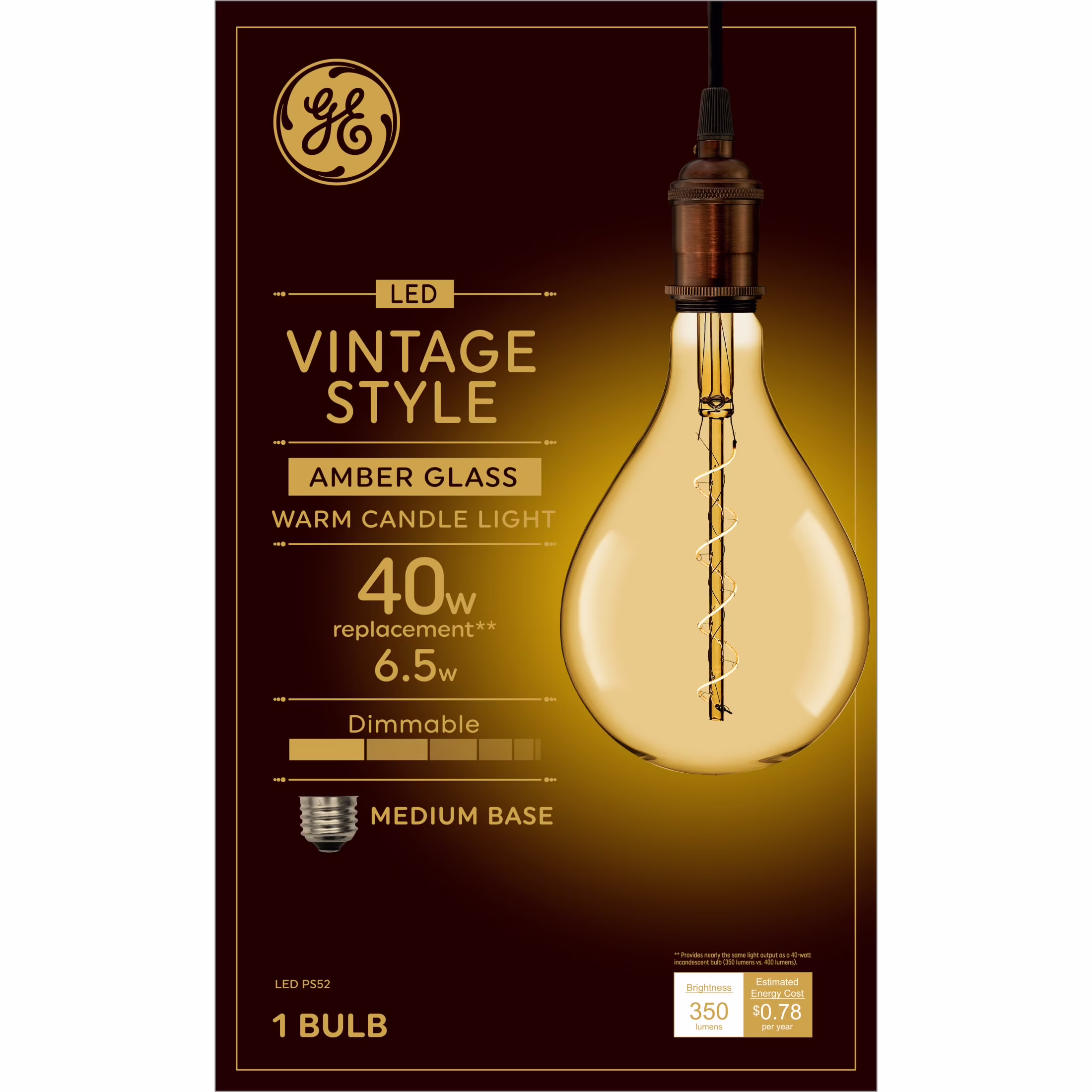 GE Vintage Style LED Light Bulbs, 40 Watts, PS52 Globe Bulb, Medium Base